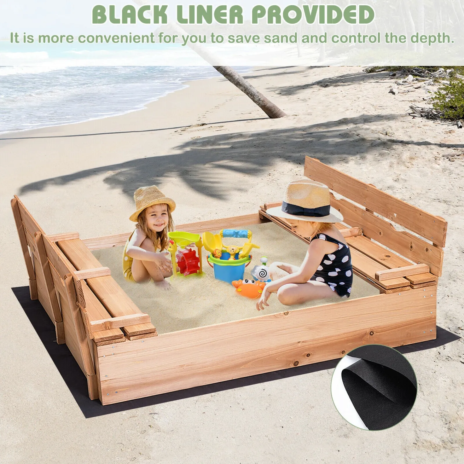 Little Helper Großer, umweltbewusster FSC-zertifizierter Sandkasten aus 100 % natürlichem Holz für Kinder mit Deckel, Sitzen und Bodeneinlage | 2–12 Jahre | 1,2 x 1,14 m im Quadrat