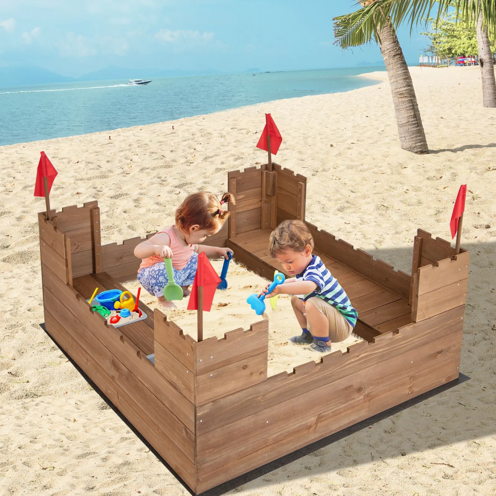 Little Helper Großer wasserdichter Sandkasten aus 100 % natürlichem Zedernholz mit Schlossmotiv | Sitzgelegenheiten | Lagerung | 3-8 Jahre