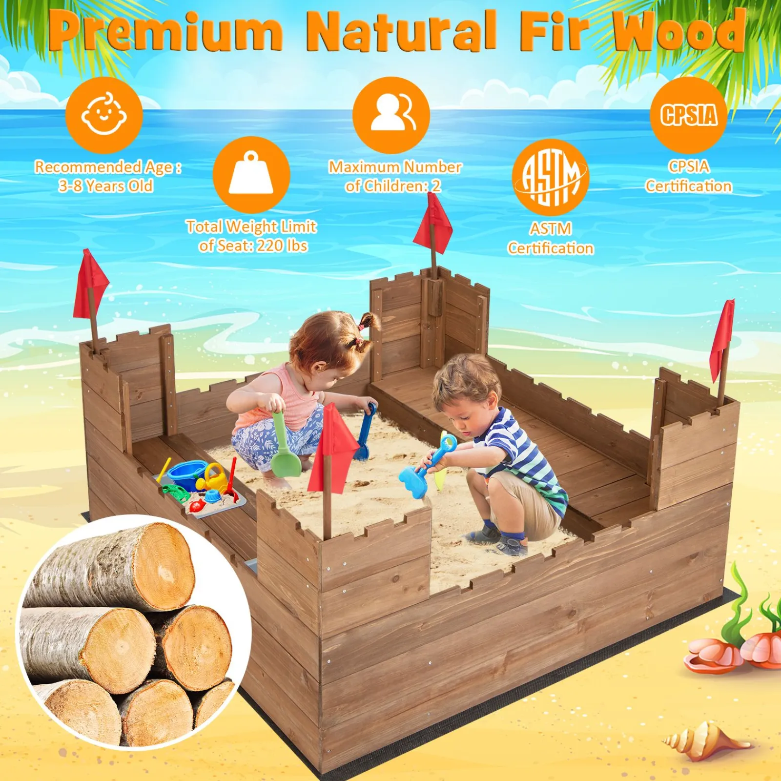 Little Helper Großer wasserdichter Sandkasten aus 100 % natürlichem Zedernholz mit Schlossmotiv | Sitzgelegenheiten | Lagerung | 3-8 Jahre