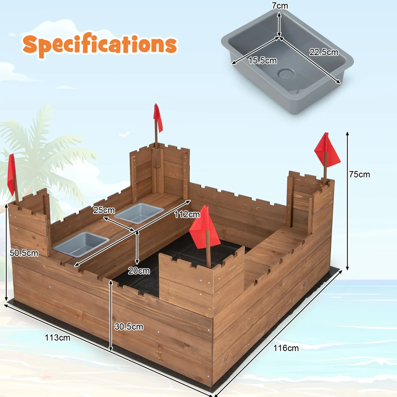 Little Helper Großer wasserdichter Sandkasten aus 100 % natürlichem Zedernholz mit Schlossmotiv | Sitzgelegenheiten | Lagerung | 3-8 Jahre