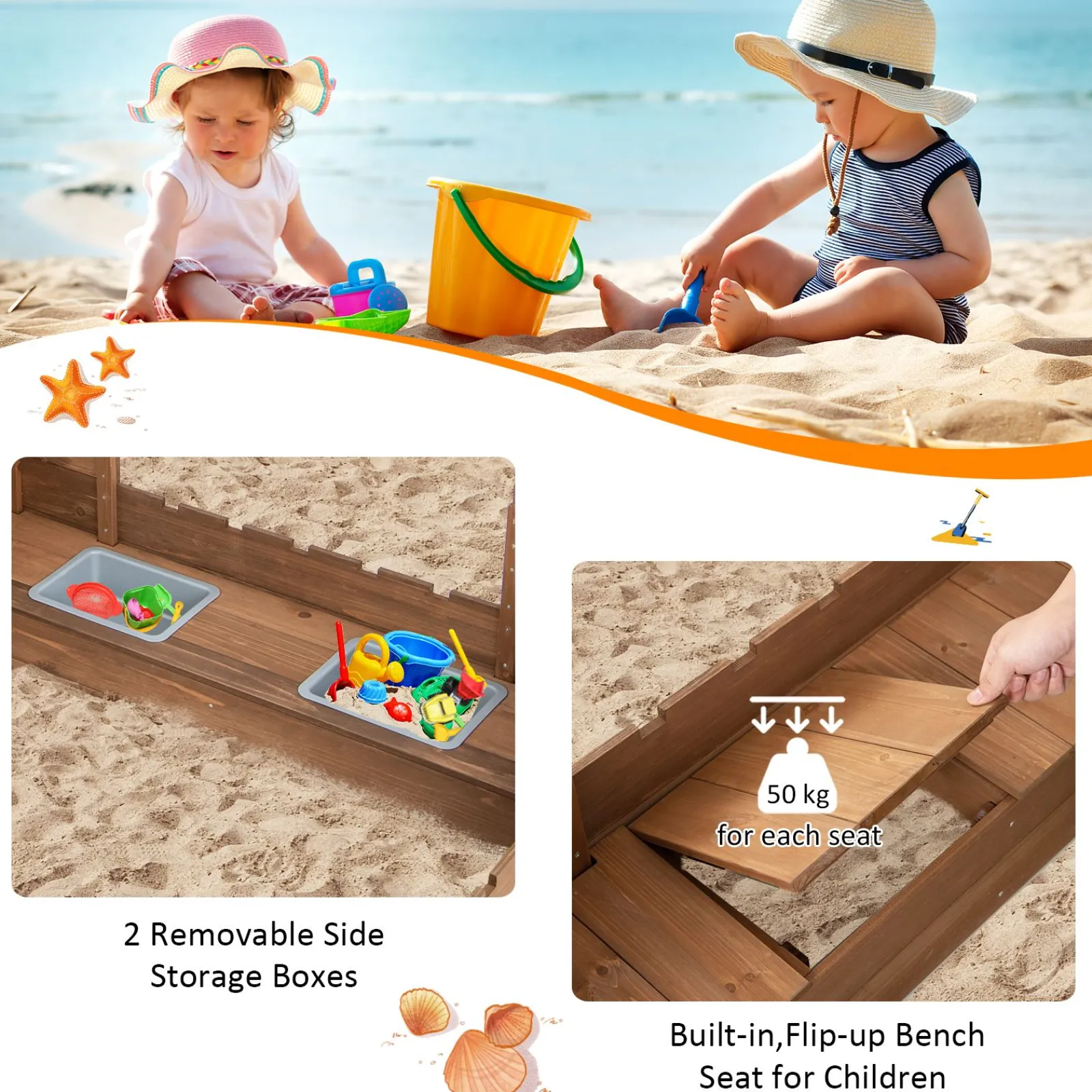Little Helper Großer wasserdichter Sandkasten aus 100 % natürlichem Zedernholz mit Schlossmotiv | Sitzgelegenheiten | Lagerung | 3-8 Jahre