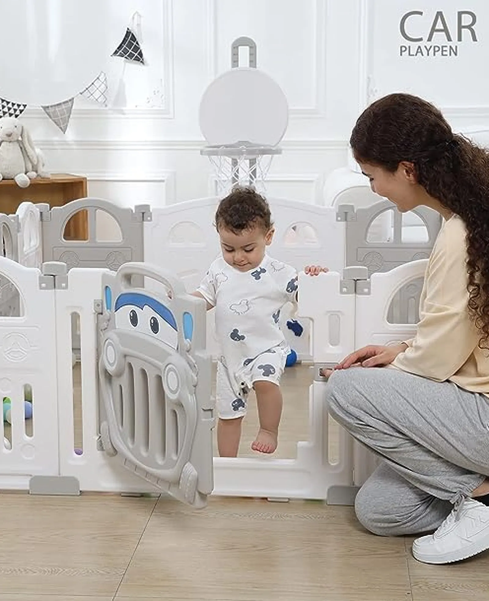 Kinder Little Helper Großer zusammenklappbarer Laufstall mit 14 Elementen und Bällebad für Babys mit Basketballkorb und 50 Bällen