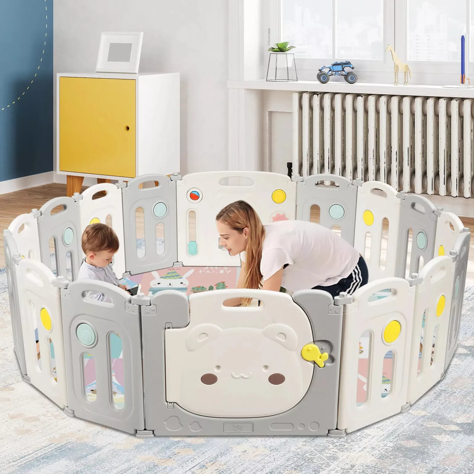 Kinder Little Helper Großer zusammenklappbarer Montessori-Laufstall mit 16 Elementen und Bällebad mit Aktivitätsfeld | Modular | Grau & Weiß | 1,95 x 1,6 m | Ab 6 Monaten