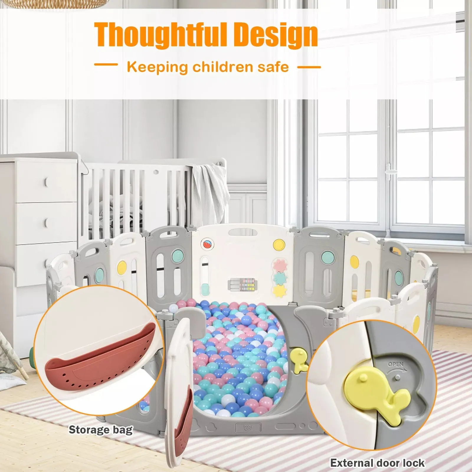 Kinder Little Helper Großer zusammenklappbarer Montessori-Laufstall mit 16 Elementen und Bällebad mit Aktivitätsfeld | Modular | Grau & Weiß | 1,95 x 1,6 m | Ab 6 Monaten