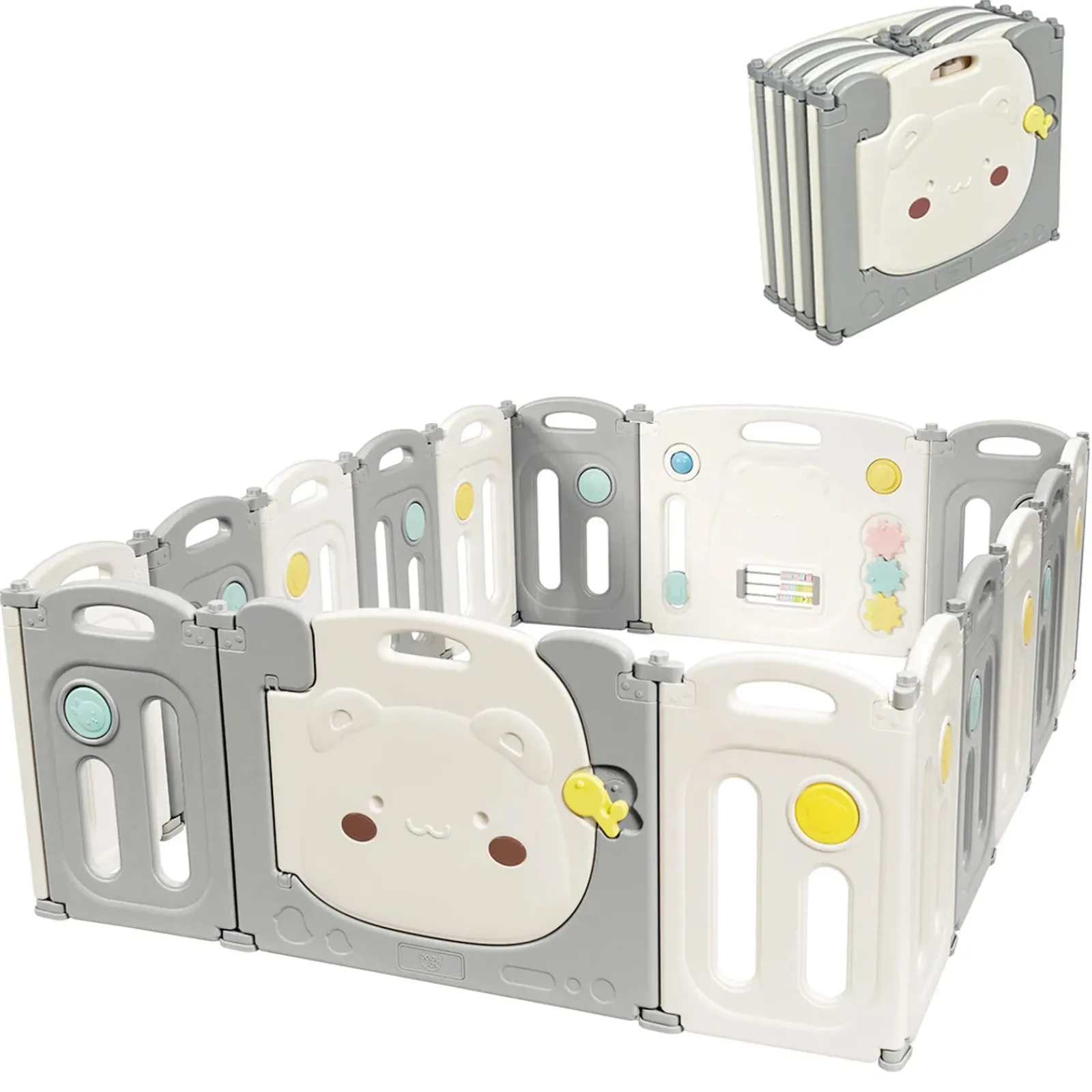 Kinder Little Helper Großer zusammenklappbarer Montessori-Laufstall mit 16 Elementen und Bällebad mit Aktivitätsfeld | Modular | Grau & Weiß | 1,95 x 1,6 m | Ab 6 Monaten