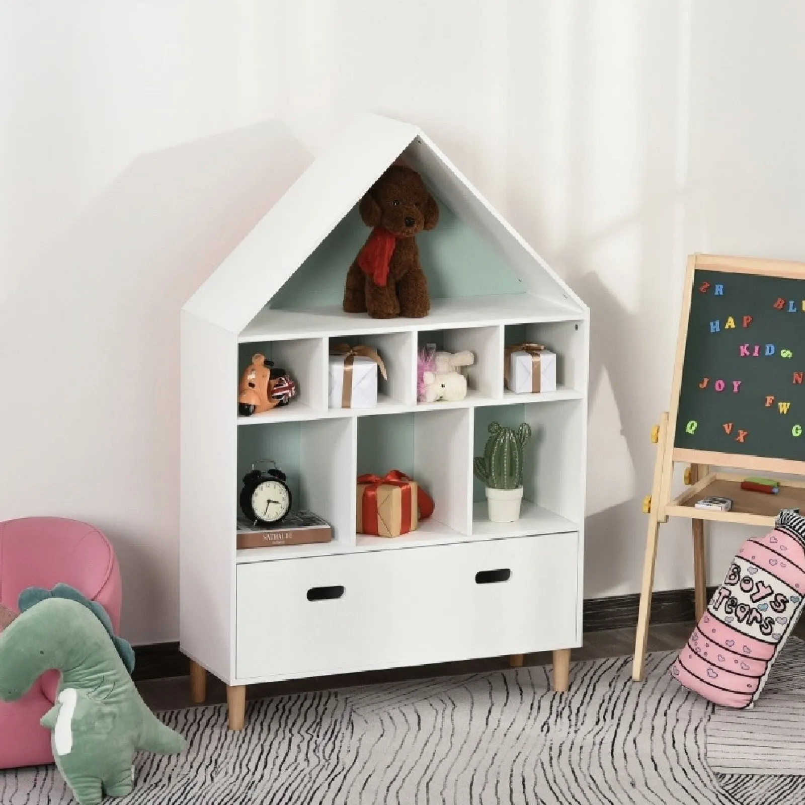 Kinder Little Helper Großes, Auswechselbares Kinderbücherregal Im Skandinavischen Design | Bücherregal | Spielzeugaufbewahrung | Blau Und Weiß | Ab 3 Jahren