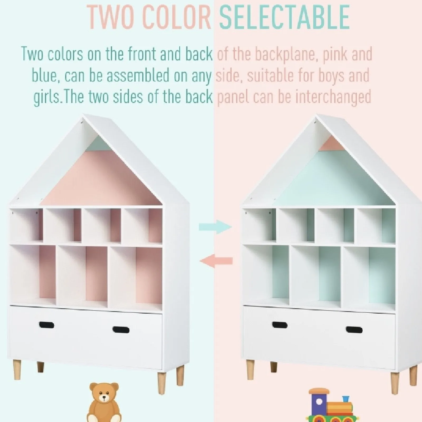 Kinder Little Helper Großes, Auswechselbares Kinderbücherregal Im Skandinavischen Design | Bücherregal | Spielzeugaufbewahrung | Blau Und Weiß | Ab 3 Jahren