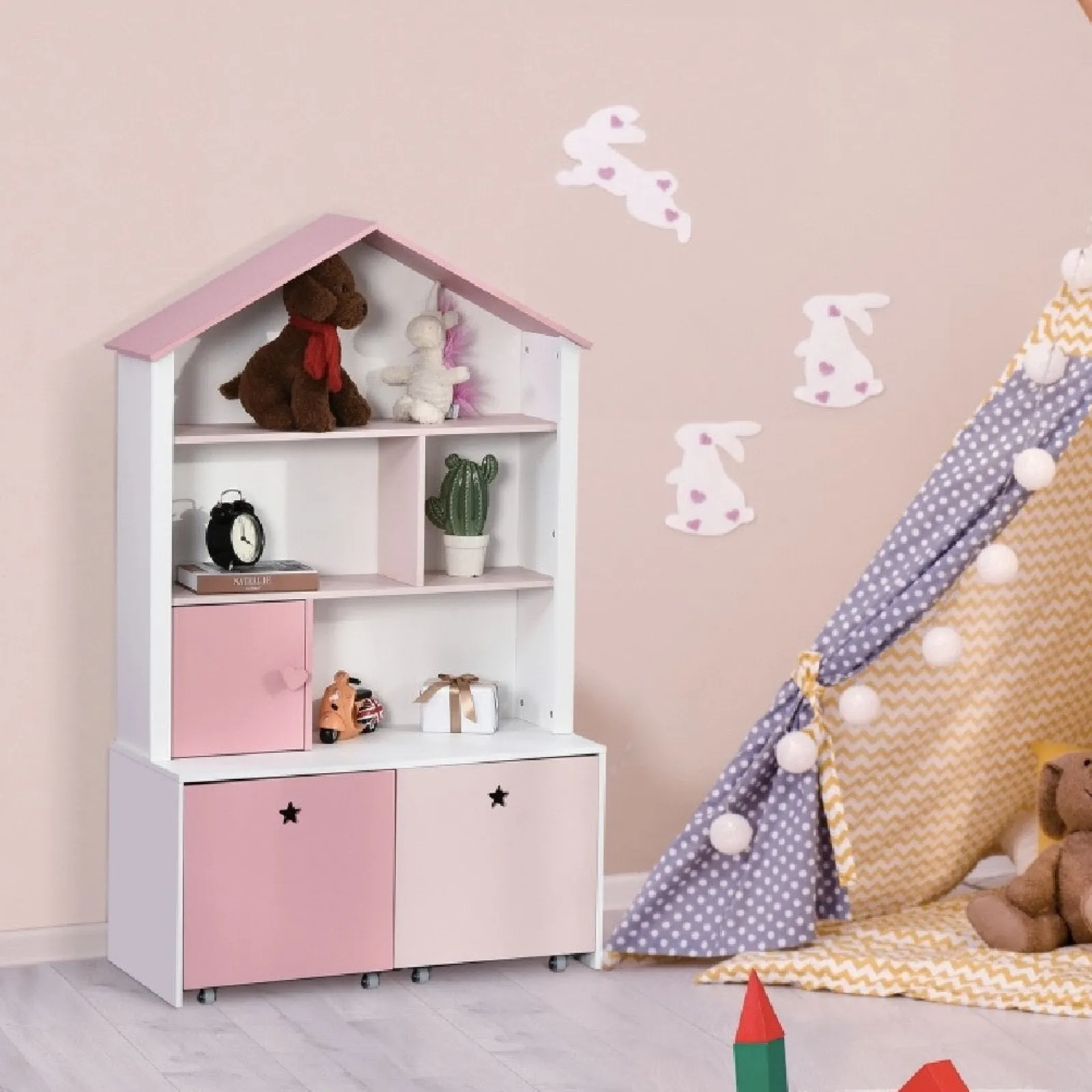 Kinder Little Helper Großes Bücherregal für Kinder | Kinderbücherregal mit Schubladen | Spielzeugaufbewahrung | Rosa & Weiß | Ab 3 Jahren