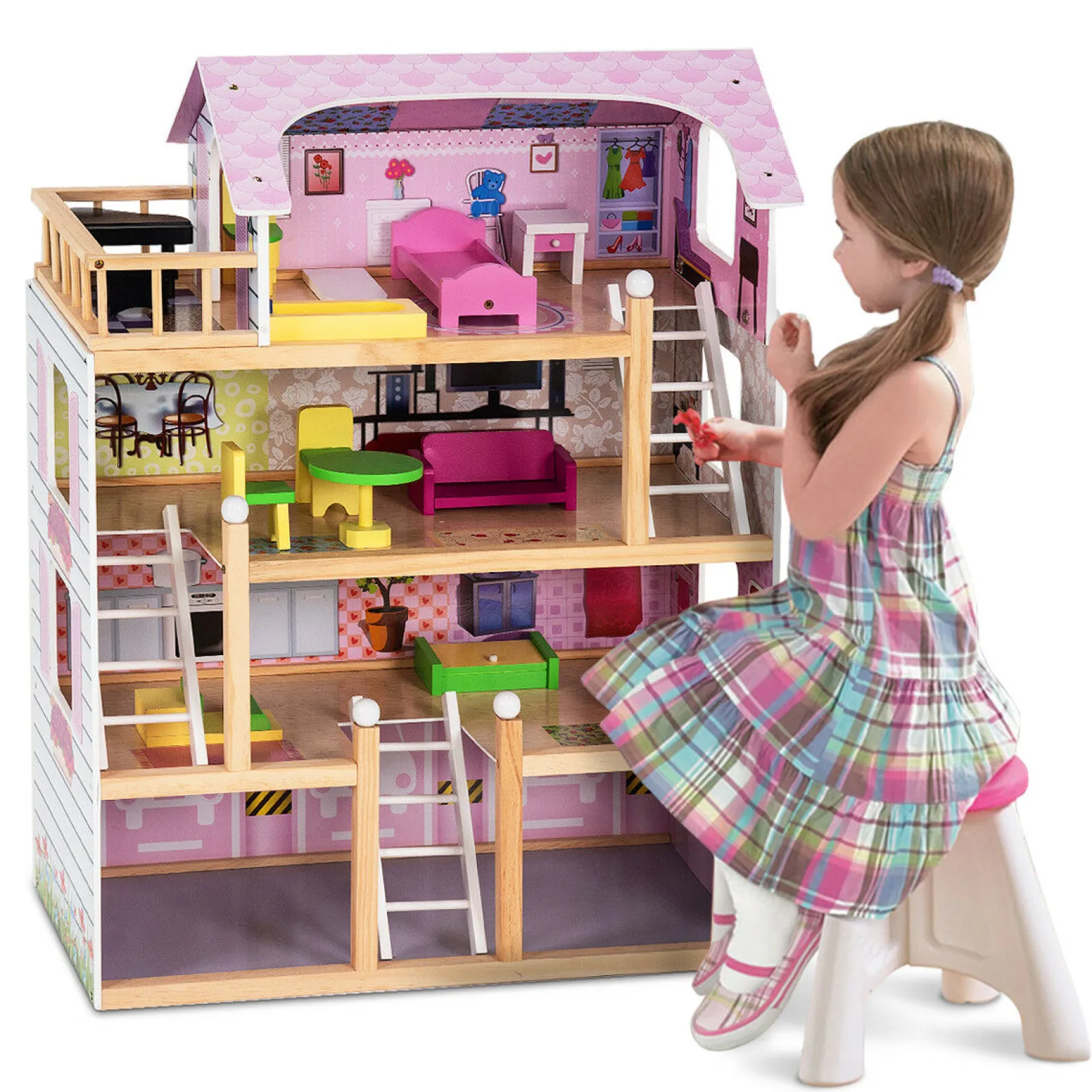 Little Helper Großes, detailliertes Öko-Puppenhaus aus Holz im Montessori-Stil | 4-stöckiges Puppenhaus | Möbelstücke | Ab 3 Jahren