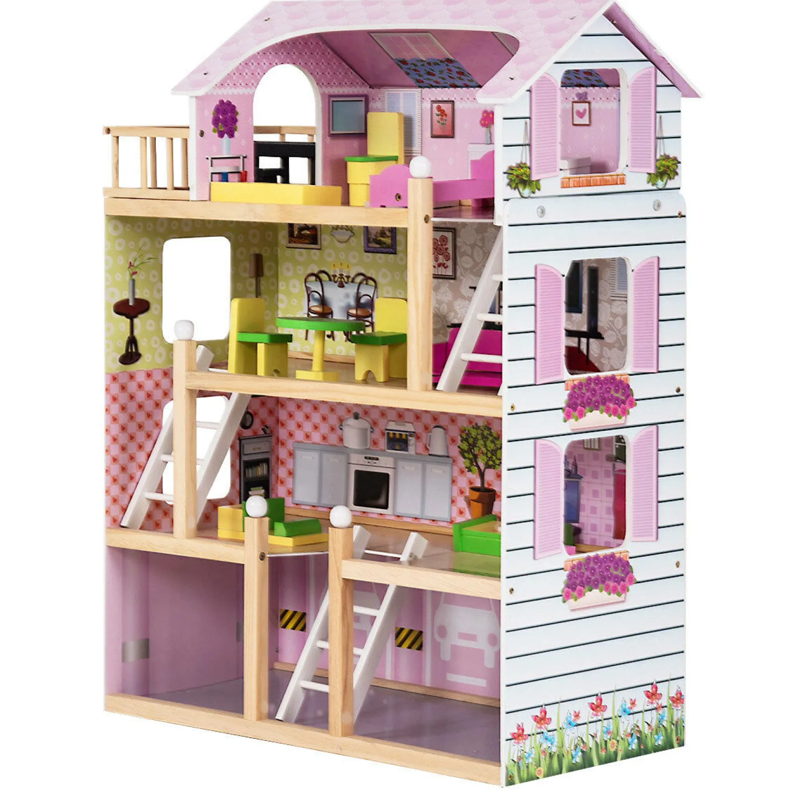 Little Helper Großes, detailliertes Öko-Puppenhaus aus Holz im Montessori-Stil | 4-stöckiges Puppenhaus | Möbelstücke | Ab 3 Jahren
