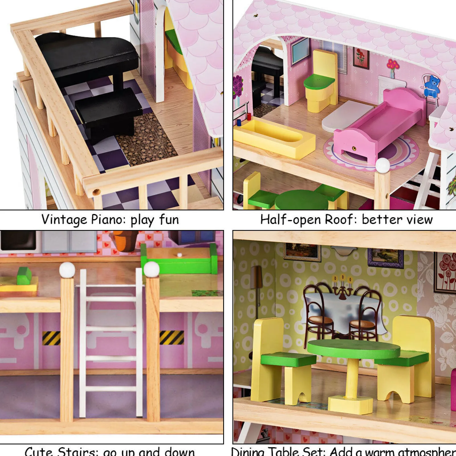 Little Helper Großes, detailliertes Öko-Puppenhaus aus Holz im Montessori-Stil | 4-stöckiges Puppenhaus | Möbelstücke | Ab 3 Jahren