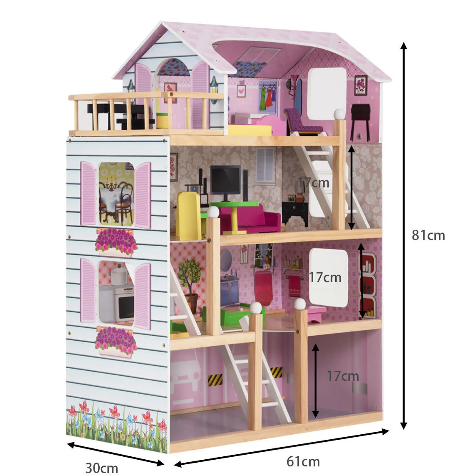 Little Helper Großes, detailliertes Öko-Puppenhaus aus Holz im Montessori-Stil | 4-stöckiges Puppenhaus | Möbelstücke | Ab 3 Jahren