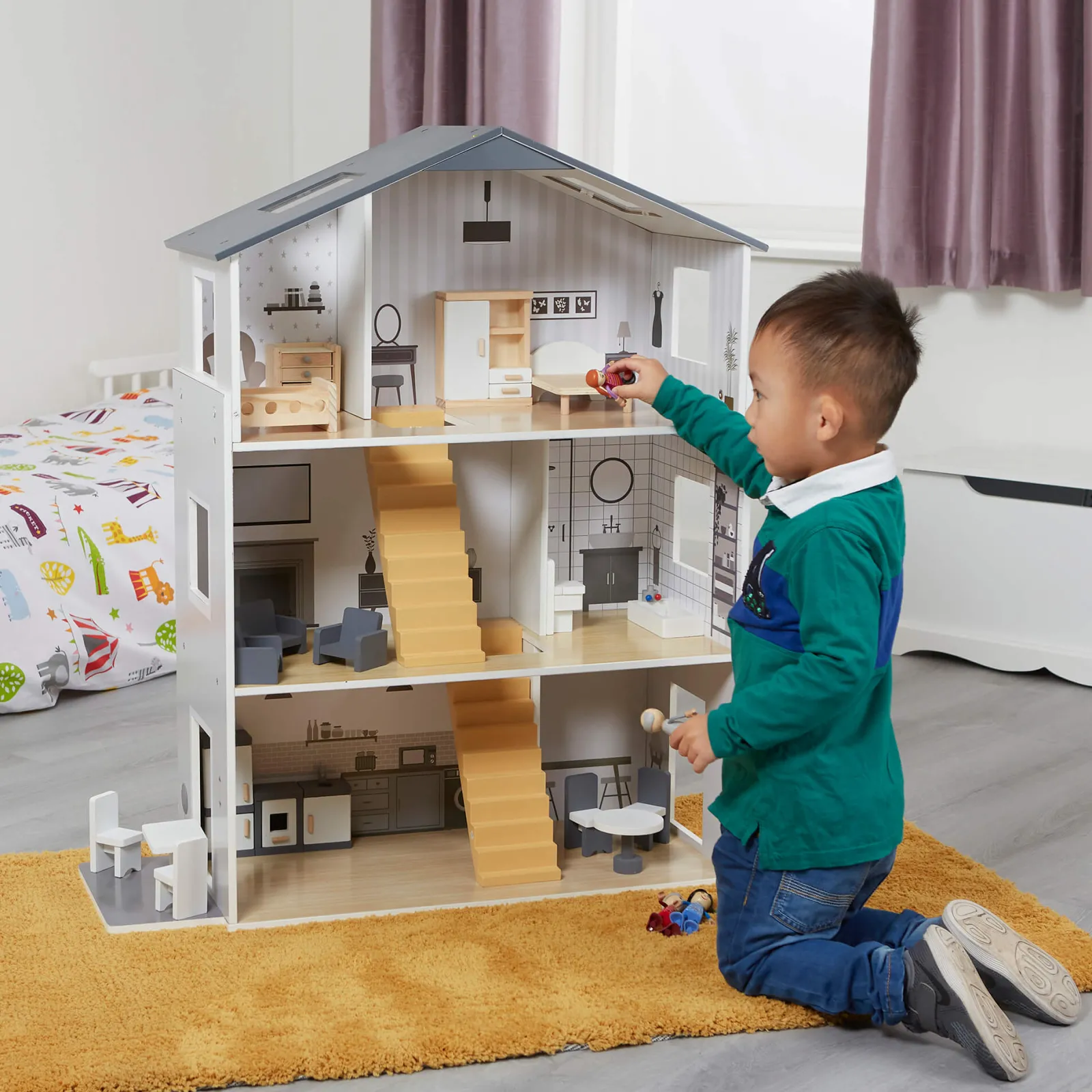 Little Helper Großes, Detailliertes Und Realistisches Montessori-Puppenhaus Aus Holz | 3-Stöckiges Puppenhaus | 18 Möbelstücke