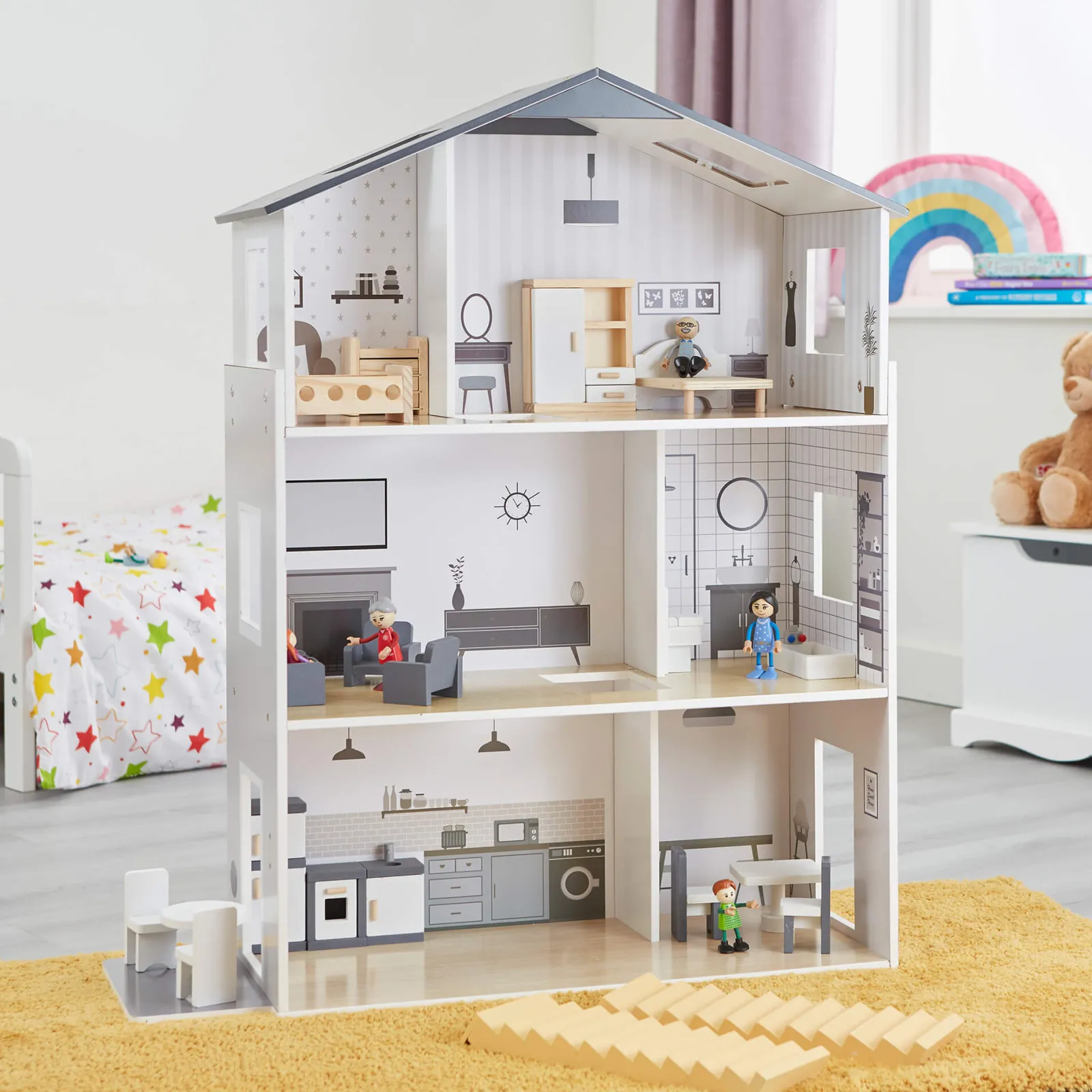 Little Helper Großes, Detailliertes Und Realistisches Montessori-Puppenhaus Aus Holz | 3-Stöckiges Puppenhaus | 18 Möbelstücke