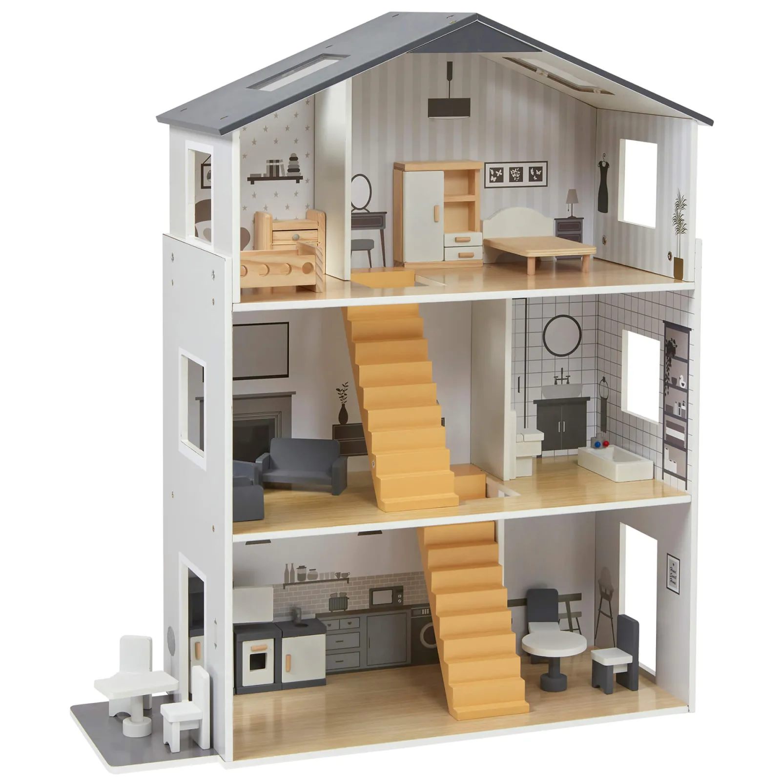 Little Helper Großes, Detailliertes Und Realistisches Montessori-Puppenhaus Aus Holz | 3-Stöckiges Puppenhaus | 18 Möbelstücke
