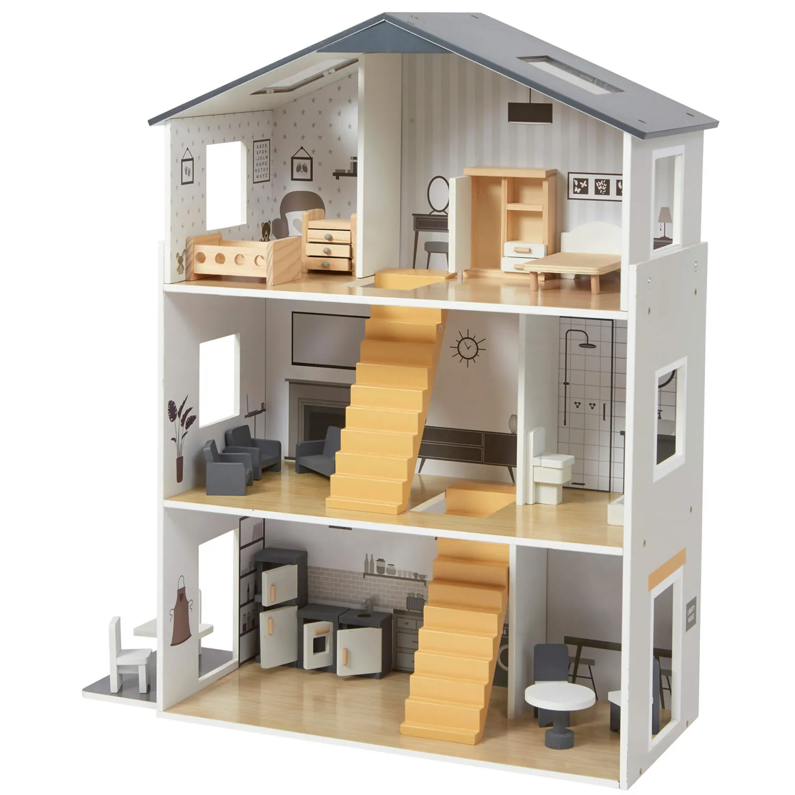 Little Helper Großes, Detailliertes Und Realistisches Montessori-Puppenhaus Aus Holz | 3-Stöckiges Puppenhaus | 18 Möbelstücke