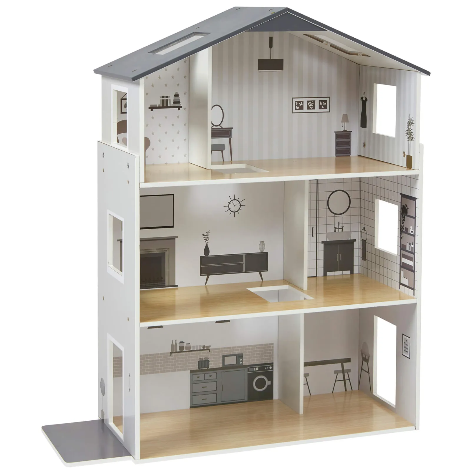 Little Helper Großes, Detailliertes Und Realistisches Montessori-Puppenhaus Aus Holz | 3-Stöckiges Puppenhaus | 18 Möbelstücke