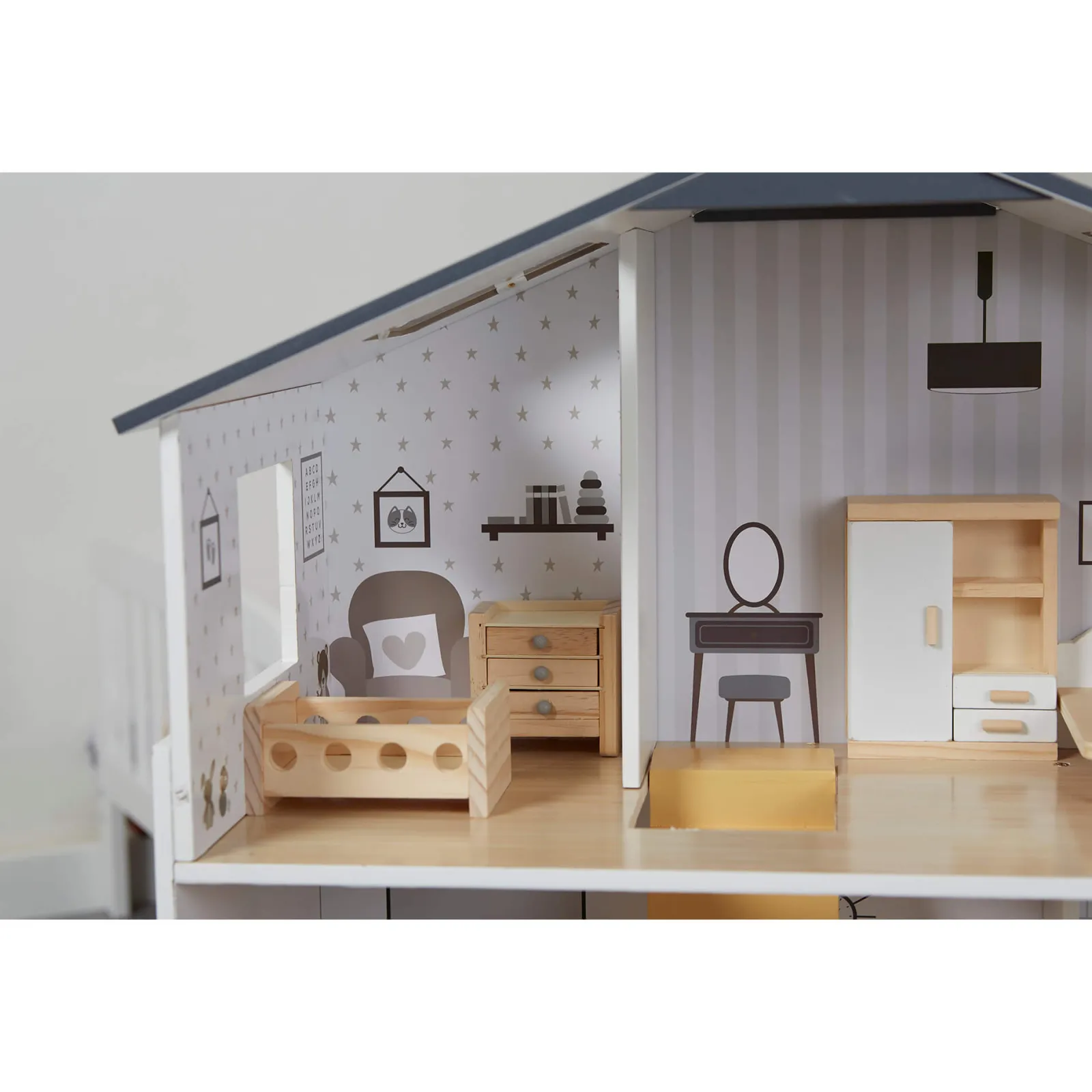 Little Helper Großes, Detailliertes Und Realistisches Montessori-Puppenhaus Aus Holz | 3-Stöckiges Puppenhaus | 18 Möbelstücke