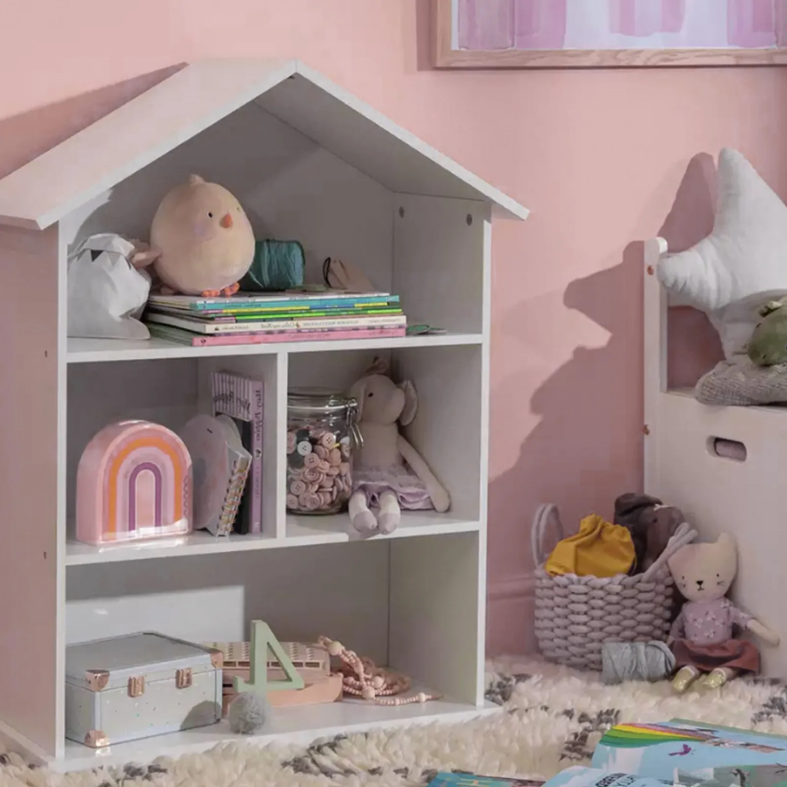 Kinder Little Helper Großes dreistöckiges Montessori-Puppenhaus aus Holz und Bücherregal | Bibliothek | Spielzeugaufbewahrung | 89cm hoch