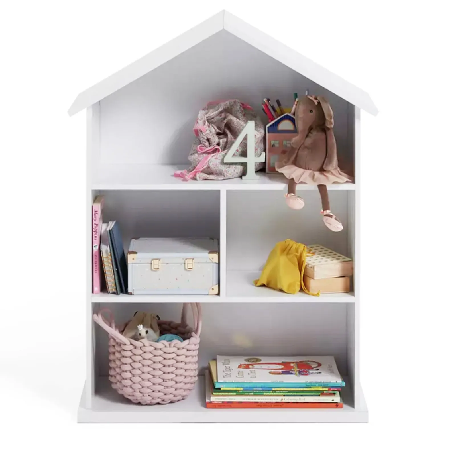 Kinder Little Helper Großes dreistöckiges Montessori-Puppenhaus aus Holz und Bücherregal | Bibliothek | Spielzeugaufbewahrung | 89cm hoch