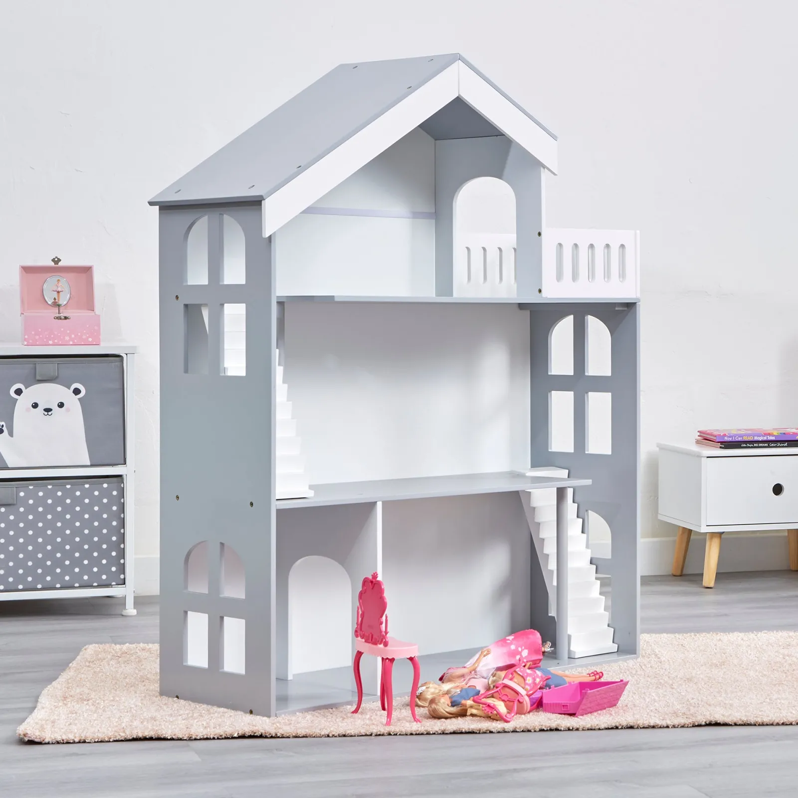 Kinder Little Helper Großes Hölzernes Montessori-Bücherregal Für Puppenhaus | Bücherregal | Spielzeugaufbewahrung | Weiß Und Grau
