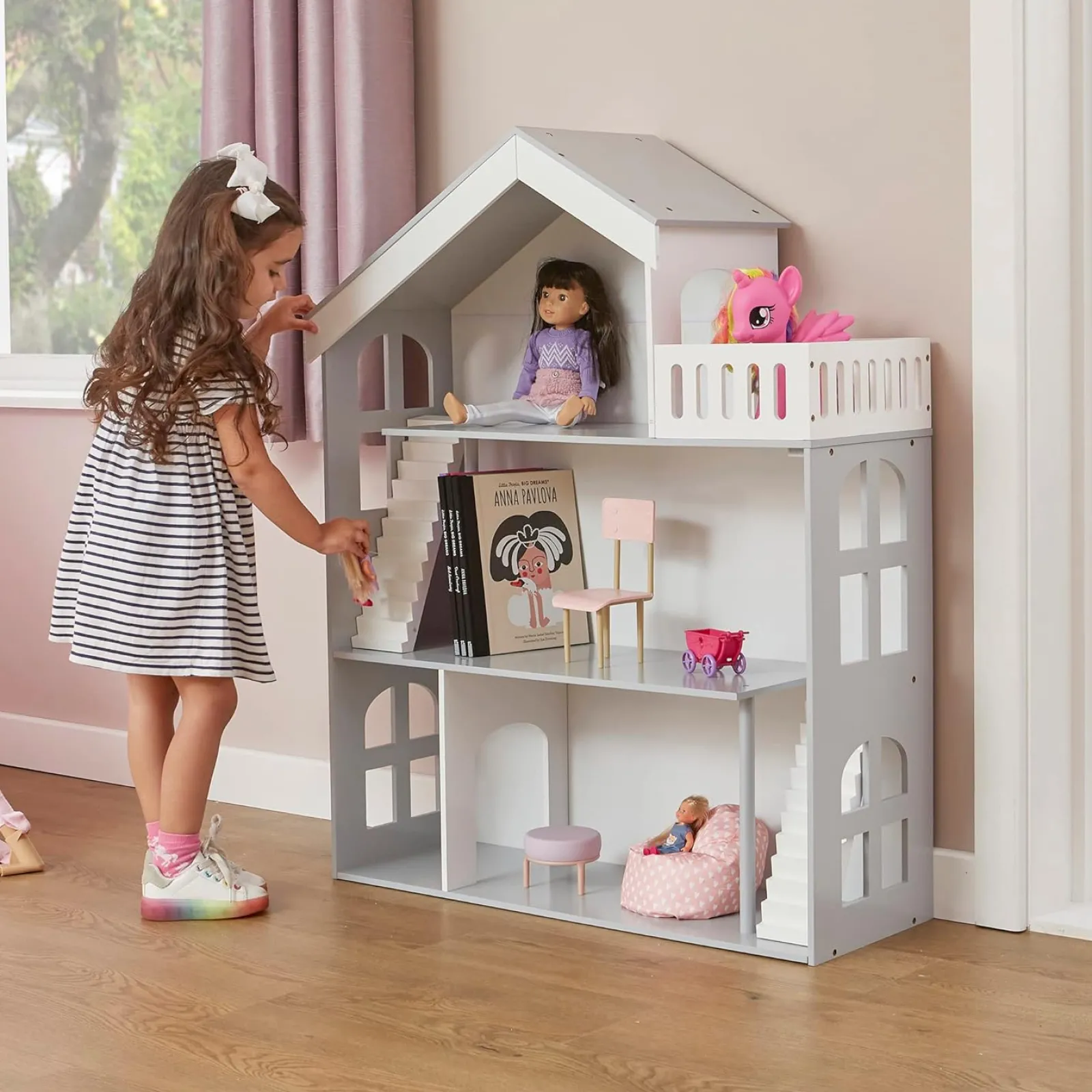 Kinder Little Helper Großes Hölzernes Montessori-Bücherregal Für Puppenhaus | Bücherregal | Spielzeugaufbewahrung | Weiß Und Grau