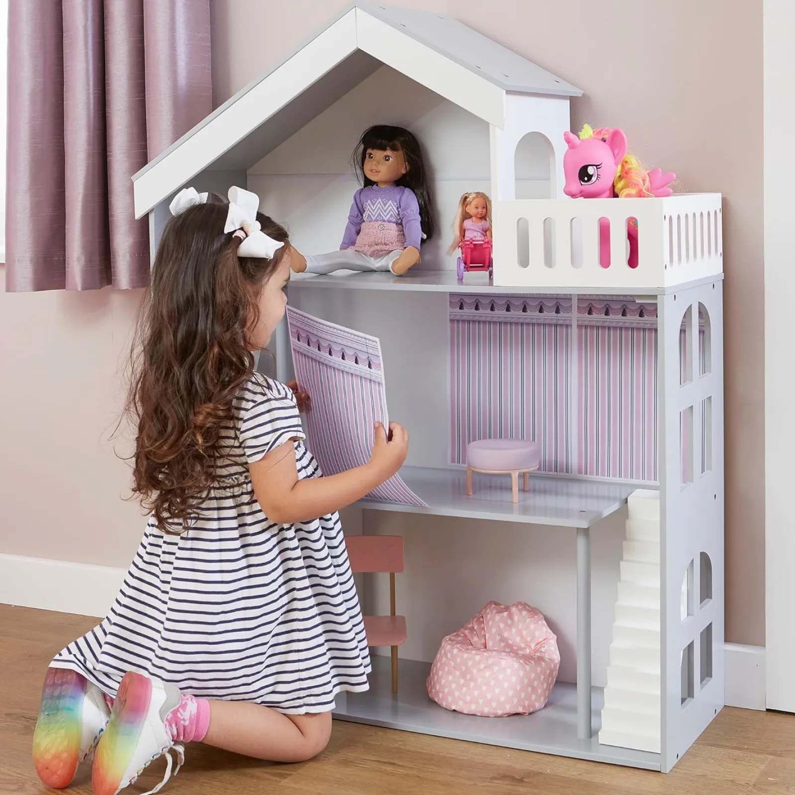 Kinder Little Helper Großes Hölzernes Montessori-Bücherregal Für Puppenhaus | Bücherregal | Spielzeugaufbewahrung | Weiß Und Grau