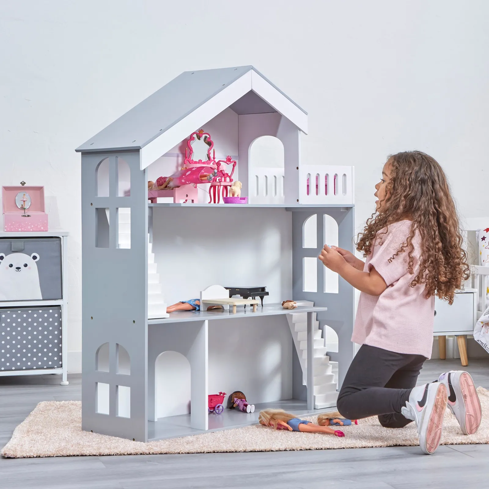 Kinder Little Helper Großes Hölzernes Montessori-Bücherregal Für Puppenhaus | Bücherregal | Spielzeugaufbewahrung | Weiß Und Grau