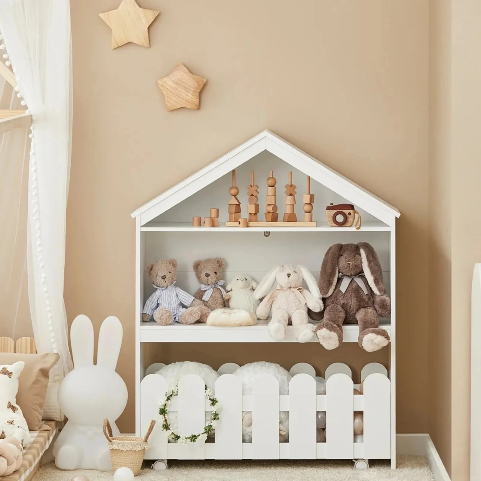 Kinder Little Helper Großes Montessori-Puppenhaus-Bücherregal aus Holz | Tragbare Spielzeugaufbewahrung | Weiß | 1,14 m hoch