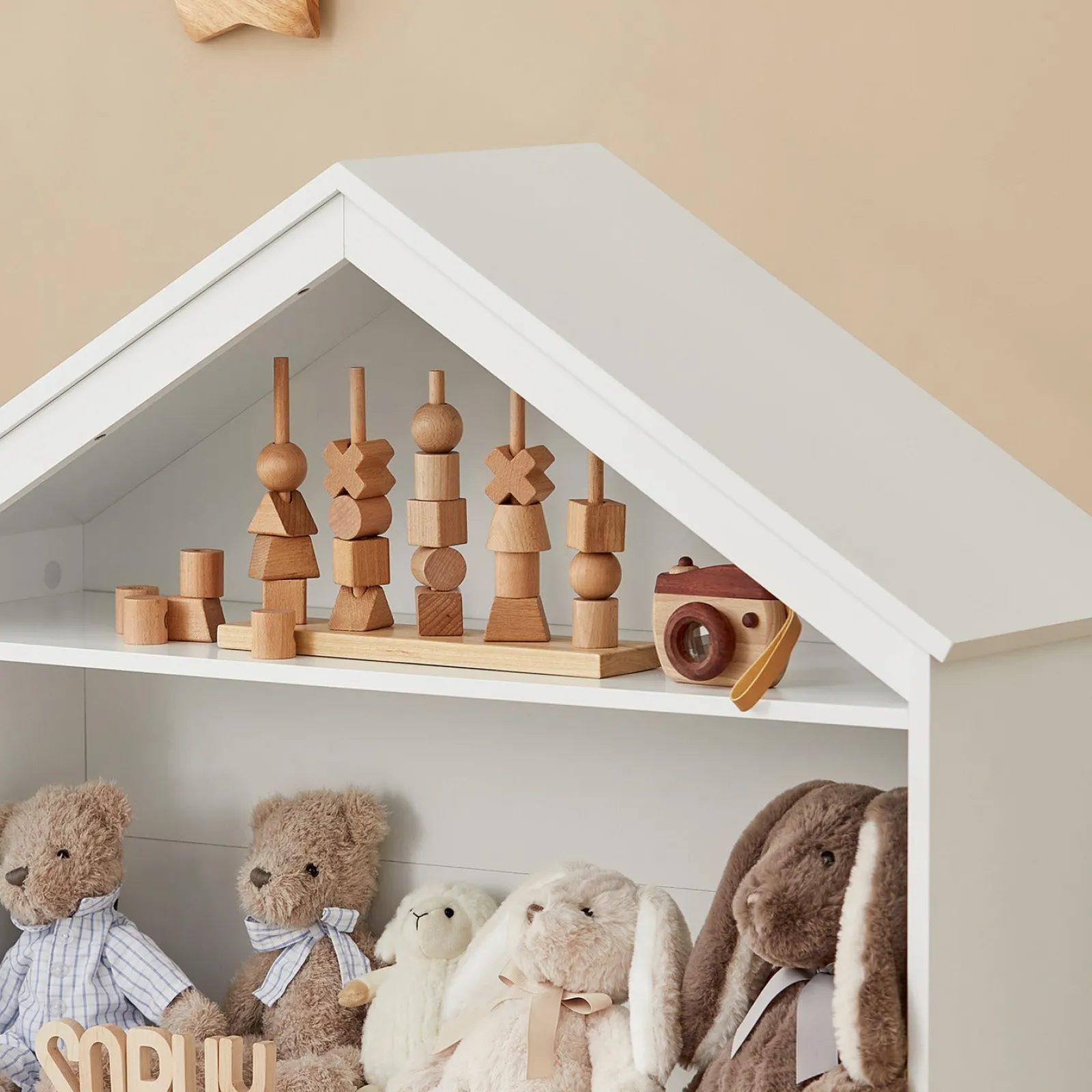 Kinder Little Helper Großes Montessori-Puppenhaus-Bücherregal aus Holz | Tragbare Spielzeugaufbewahrung | Weiß | 1,14 m hoch