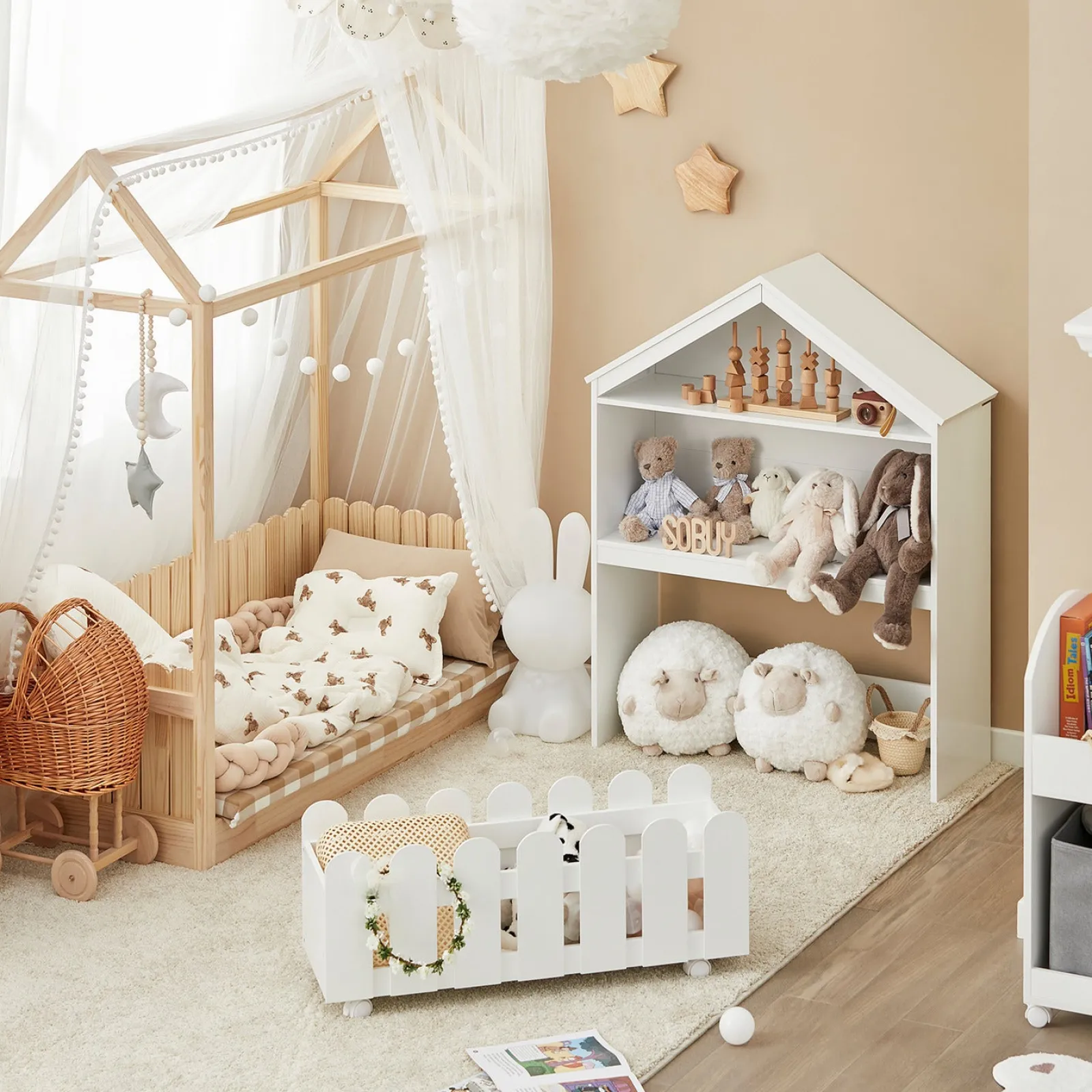 Kinder Little Helper Großes Montessori-Puppenhaus-Bücherregal aus Holz | Tragbare Spielzeugaufbewahrung | Weiß | 1,14 m hoch