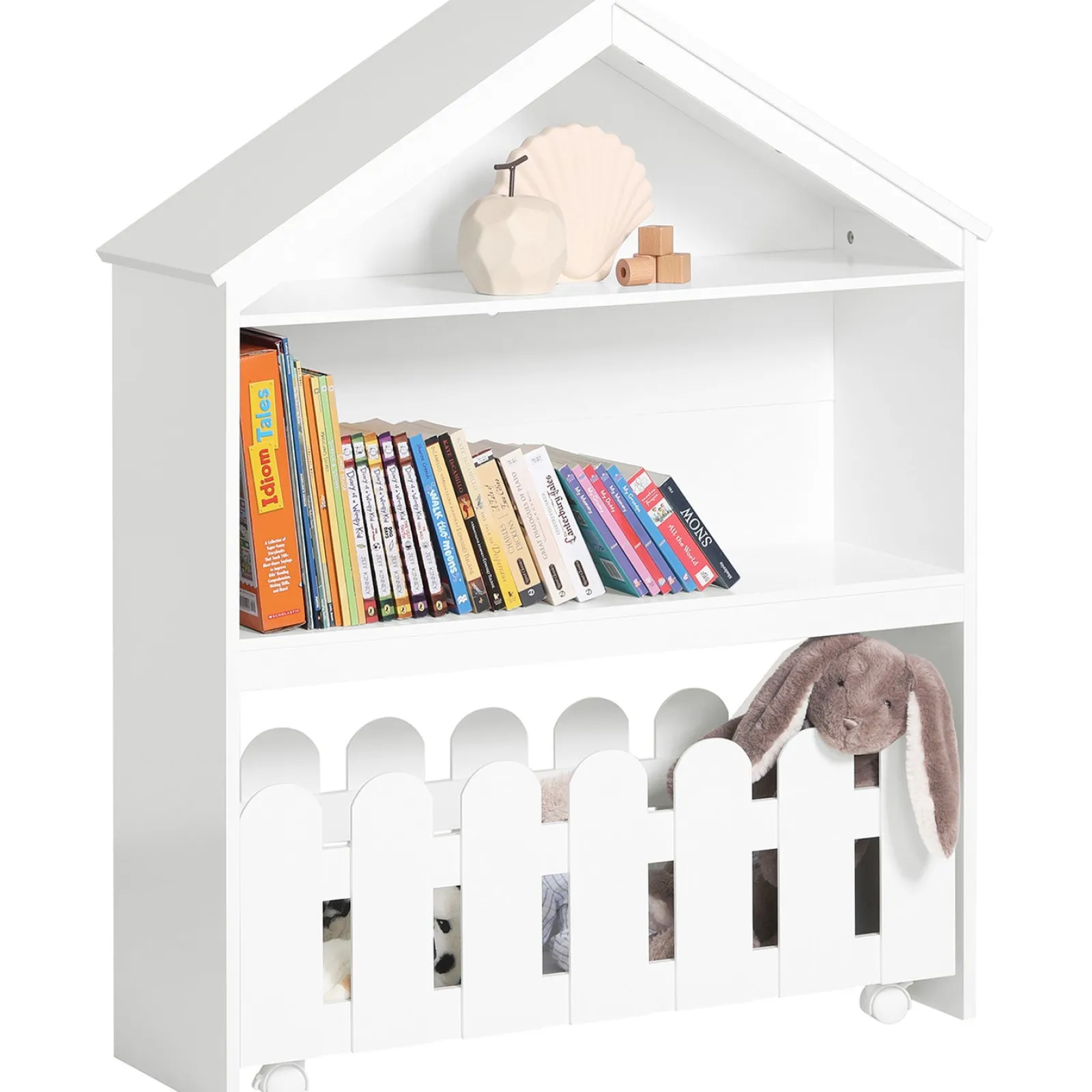 Kinder Little Helper Großes Montessori-Puppenhaus-Bücherregal aus Holz | Tragbare Spielzeugaufbewahrung | Weiß | 1,14 m hoch