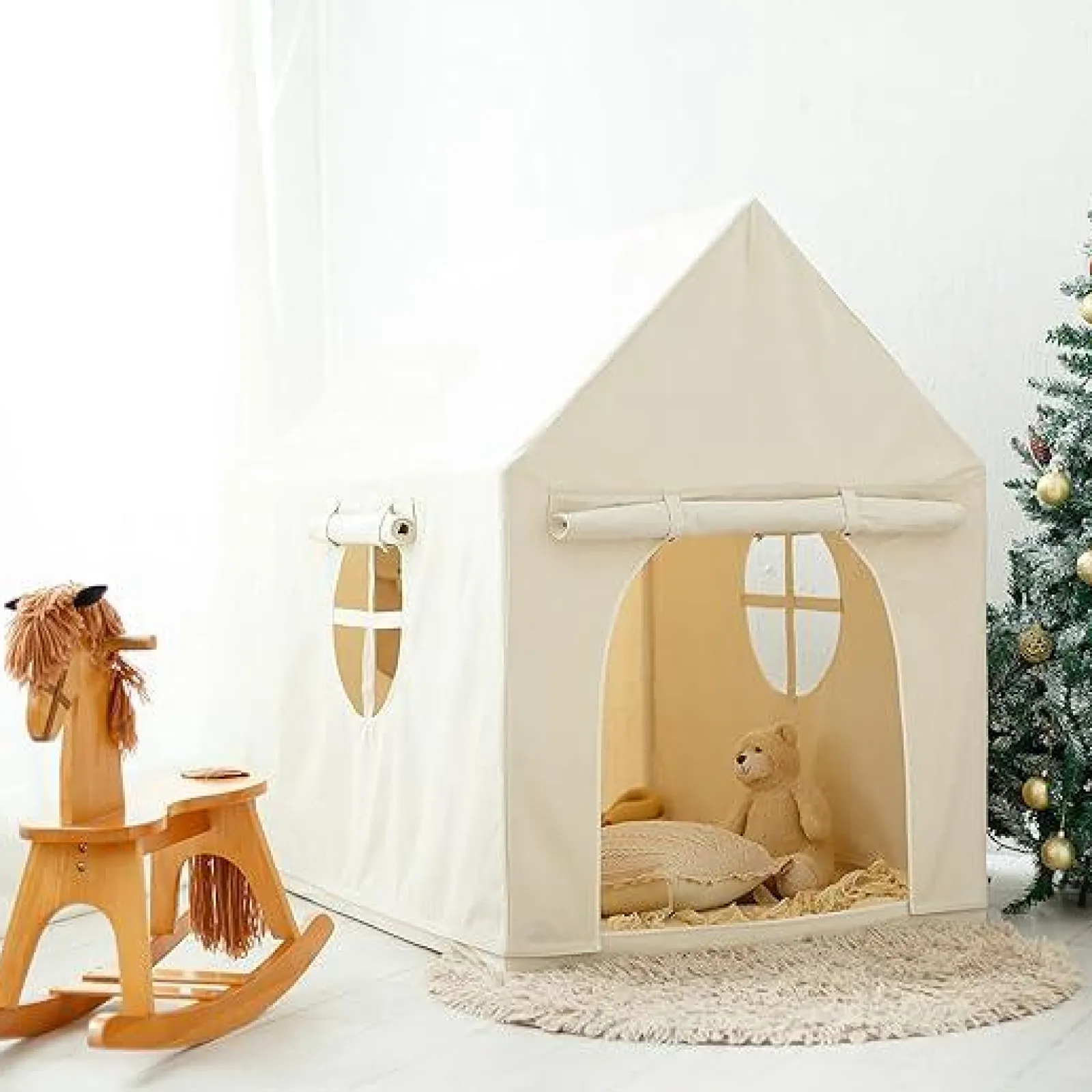 Little Helper Großes Montessori-Spielhaus für Kinder | Spielhaus | 1,3 m hoch | Creme | 3–8 Jahre