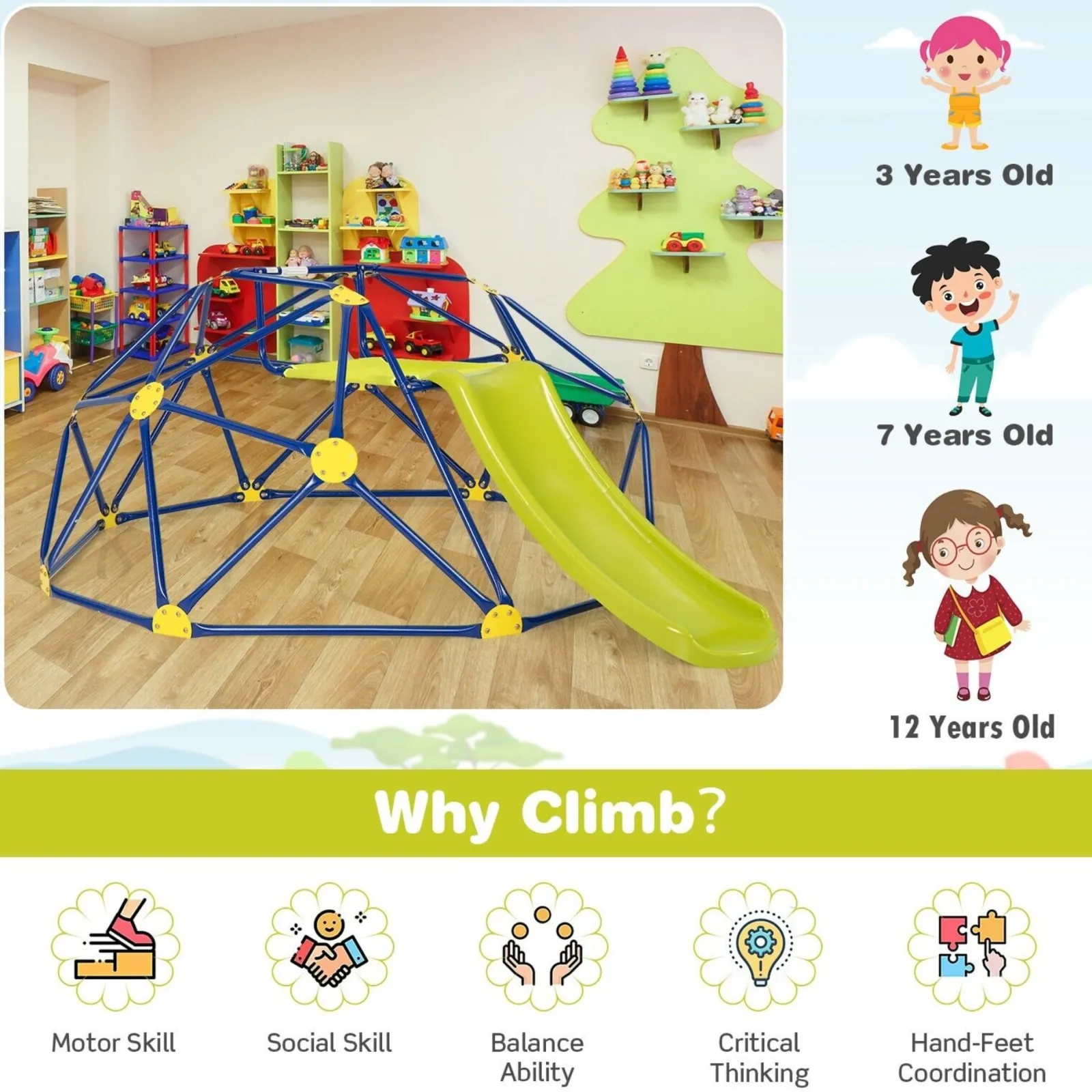 Kinder Little Helper Großes, rostfreies Montessori-Klettergerüst für drinnen und draußen mit Rutsche für Kinder | 3–12 Jahre
