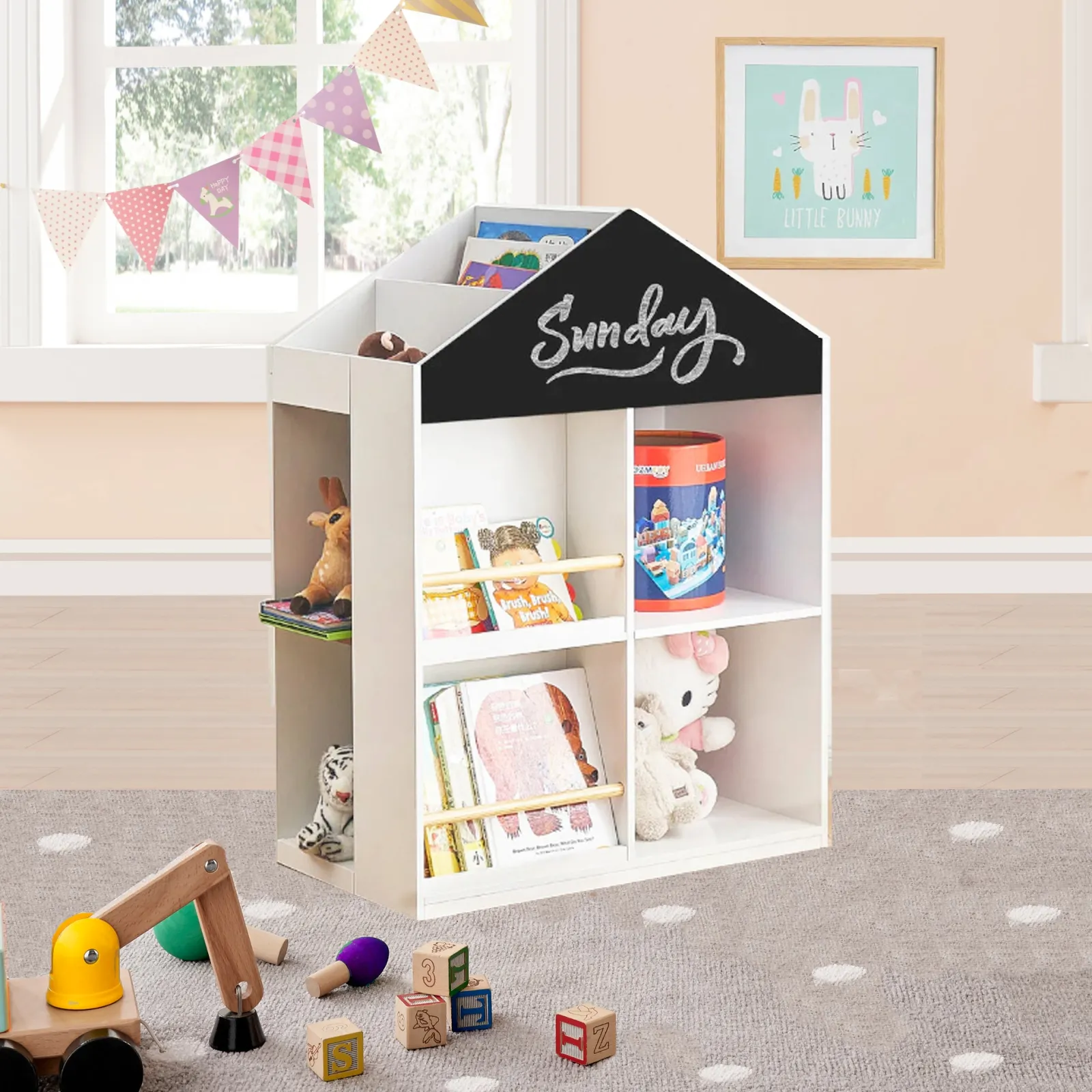 Kinder Little Helper Großes skandinavisches Montessori-Puppenhaus-Kinderbücherregal aus Holz | Spielzeug-Aufbewahrungsbox | weiß | H: 96 cm | 12Monate+