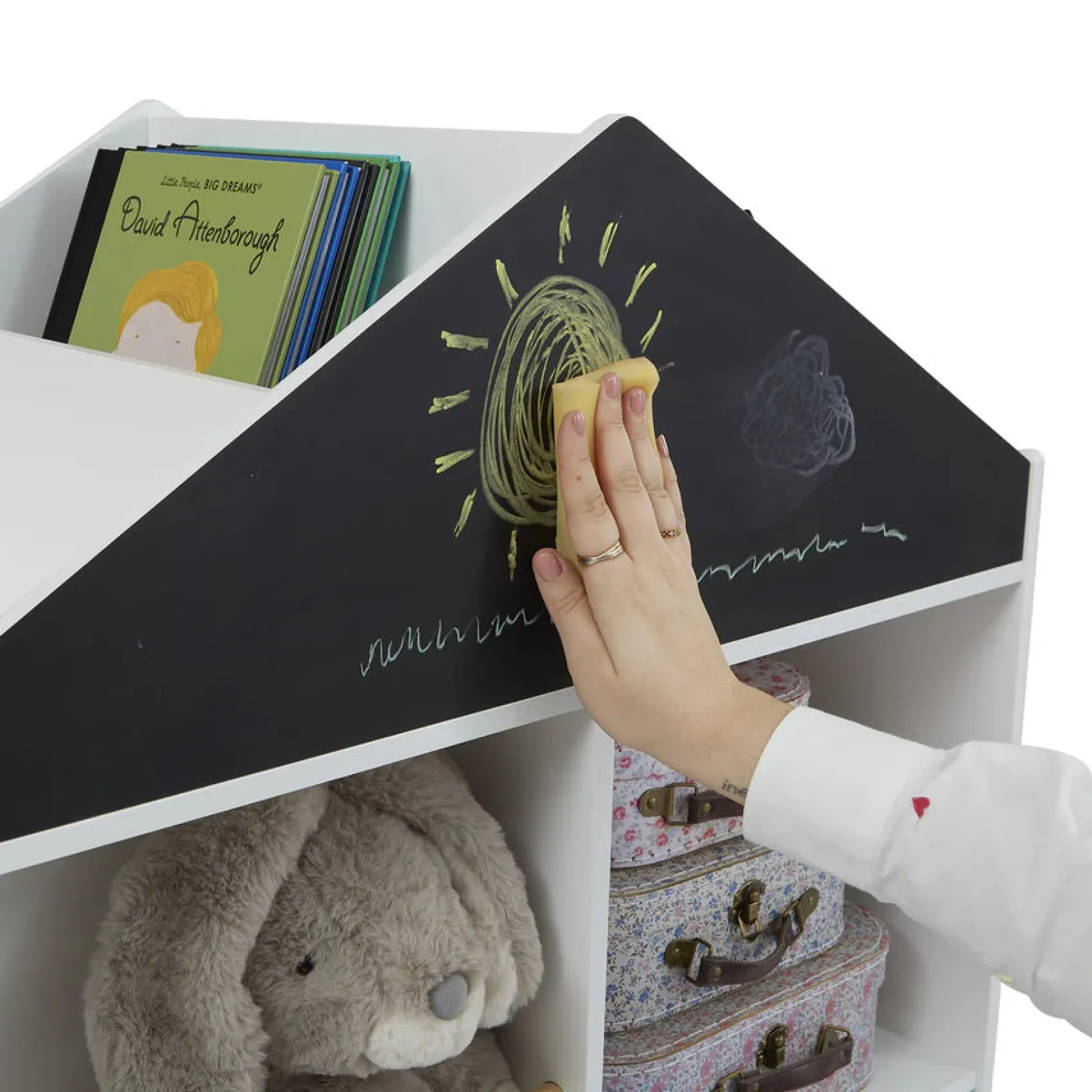 Kinder Little Helper Großes skandinavisches Montessori-Puppenhaus-Kinderbücherregal aus Holz | Spielzeug-Aufbewahrungsbox | weiß | H: 96 cm | 12Monate+
