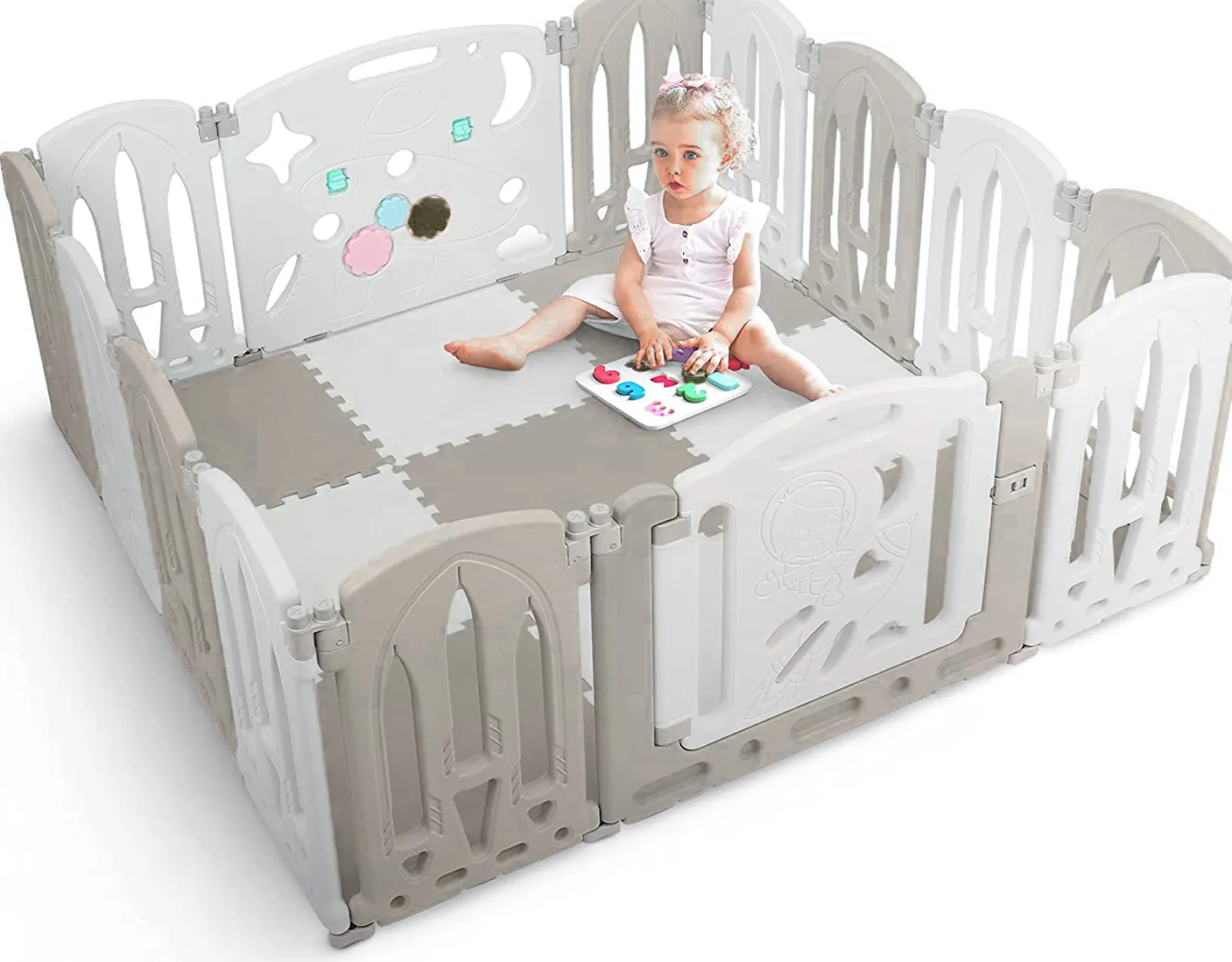 Kinder Little Helper Großes, ungiftiges Laufgitter mit 14 Paneelen | Recycelbares, faltbares Babylaufgitter und Bällebad mit Matten | Modular | Neutrale Farben