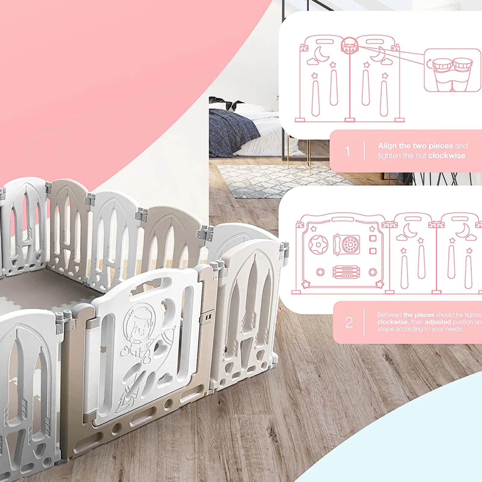 Kinder Little Helper Großes, ungiftiges Laufgitter mit 14 Paneelen | Recycelbares, faltbares Babylaufgitter und Bällebad mit Matten | Modular | Neutrale Farben