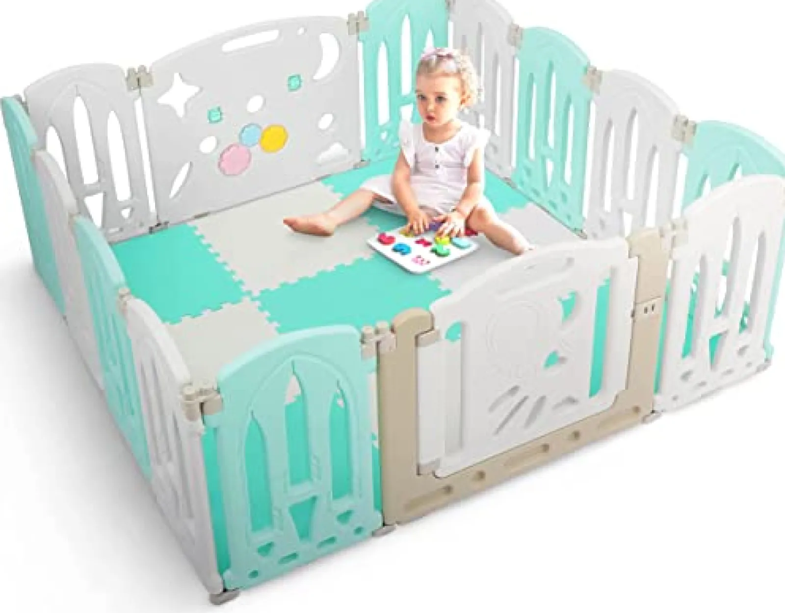 Kinder Little Helper Großes, ungiftiges Laufgitter mit 14 Paneelen | Recycelbares, faltbares Babylaufgitter und Bällebad mit Matten | Modular | Neutrale Farben
