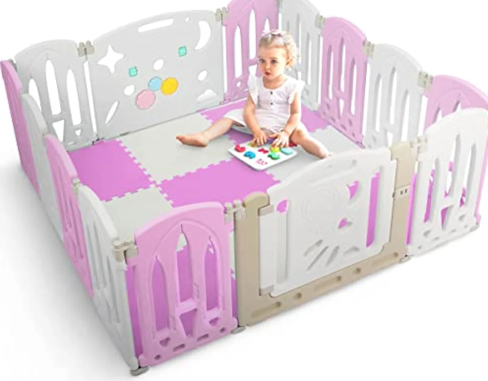 Kinder Little Helper Großes, ungiftiges Laufgitter mit 14 Paneelen | Recycelbares, faltbares Babylaufgitter und Bällebad mit Matten | Modular | Neutrale Farben
