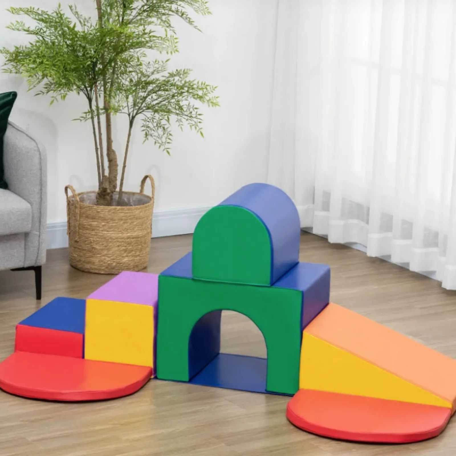 Kinder Little Helper Großes weiches Indoor-Spielgerät | 7-teiliges Montessori-Schaumstoffspielset mit Stufen und Tunnel | Primärfarben | Ab 18 Monaten