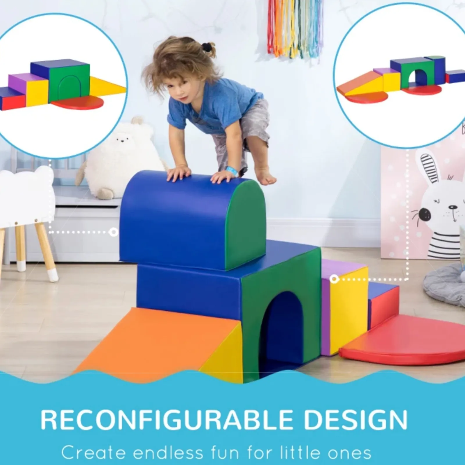 Kinder Little Helper Großes weiches Indoor-Spielgerät | 7-teiliges Montessori-Schaumstoffspielset mit Stufen und Tunnel | Primärfarben | Ab 18 Monaten