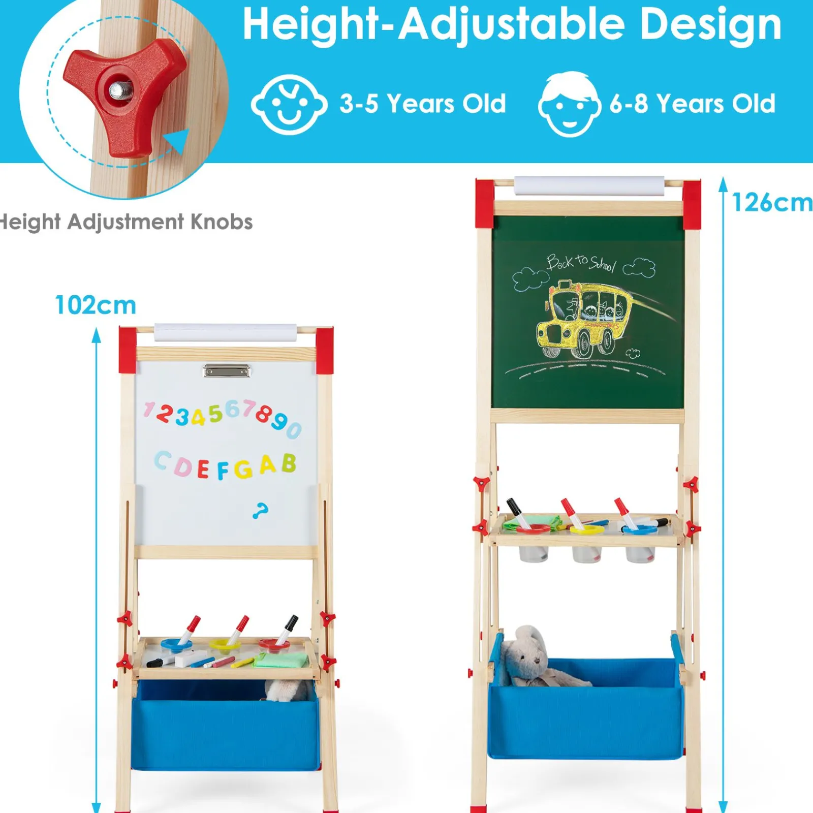 Kinder Little Helper Grow-with-Me 3-in-1 höhenverstellbare 2-seitige Kunststaffelei aus Holz | Magnetisches Whiteboard und Tafel | 3-8 Jahre
