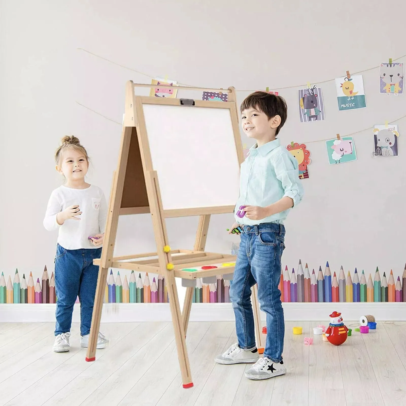 Kinder Little Helper Höhenverstellbare Kinderstaffelei Aus Holz | Doppelseitige Kunststaffelei Für Kinder | Kindertafel | 3 Jahre +