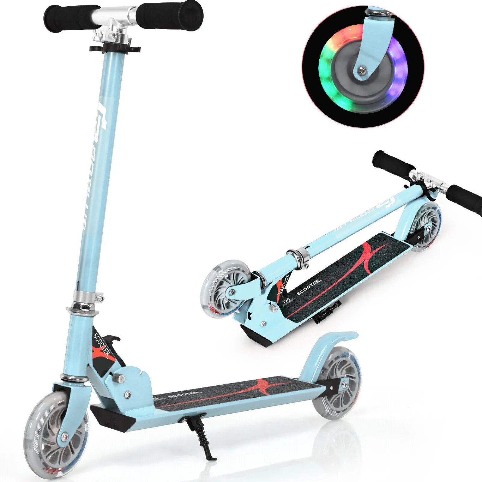 Kinder Little Helper Höhenverstellbarer Klappbarer Stunt-Scooter | Verstellbare Schleppstange | Stoßstoß | 2 Räder Zum Leuchten Bringen | Blau | 4-13 Jahre