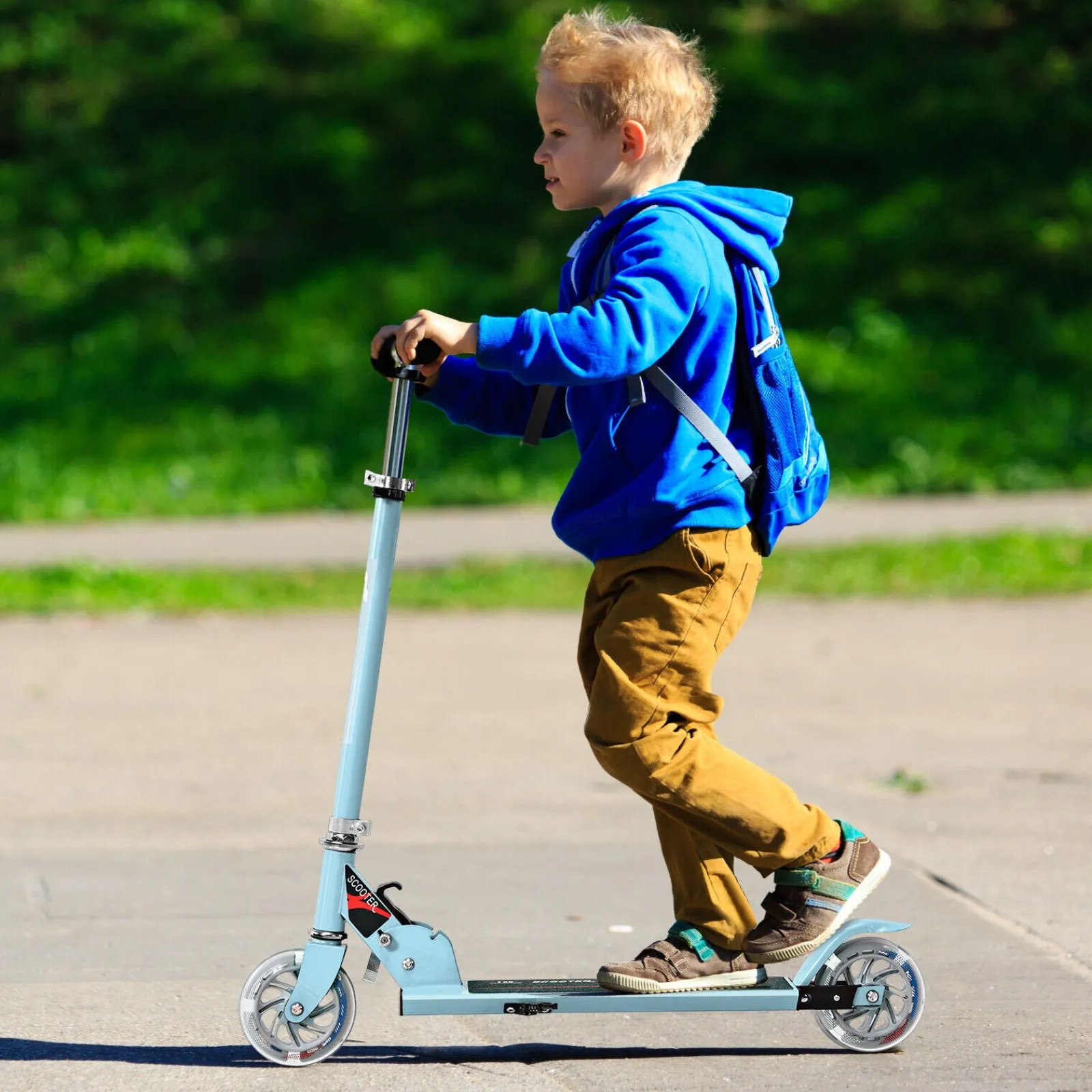 Kinder Little Helper Höhenverstellbarer Klappbarer Stunt-Scooter | Verstellbare Schleppstange | Stoßstoß | 2 Räder Zum Leuchten Bringen | Blau | 4-13 Jahre