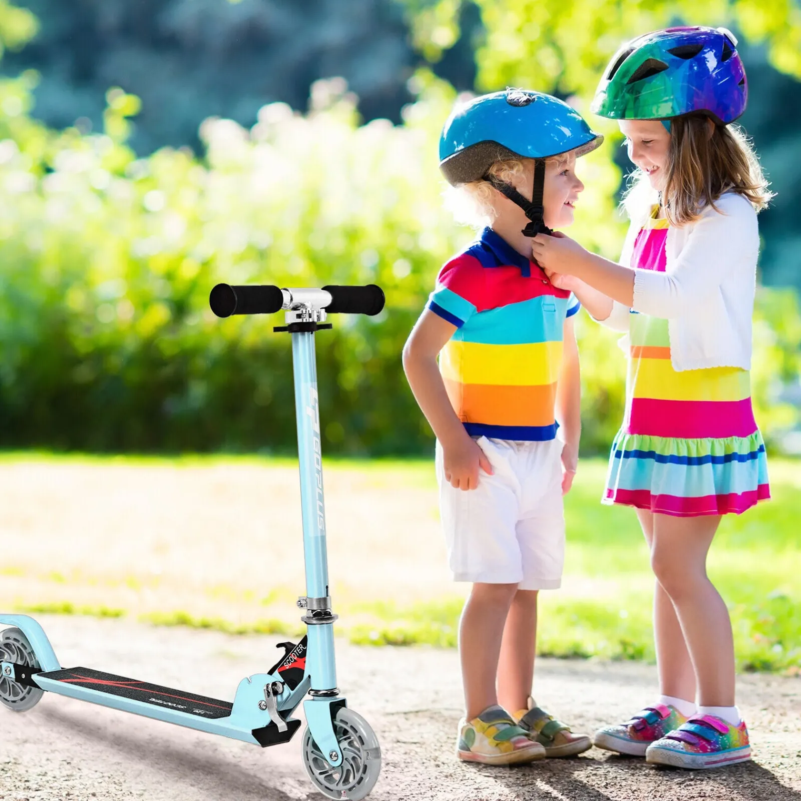 Kinder Little Helper Höhenverstellbarer Klappbarer Stunt-Scooter | Verstellbare Schleppstange | Stoßstoß | 2 Räder Zum Leuchten Bringen | Blau | 4-13 Jahre