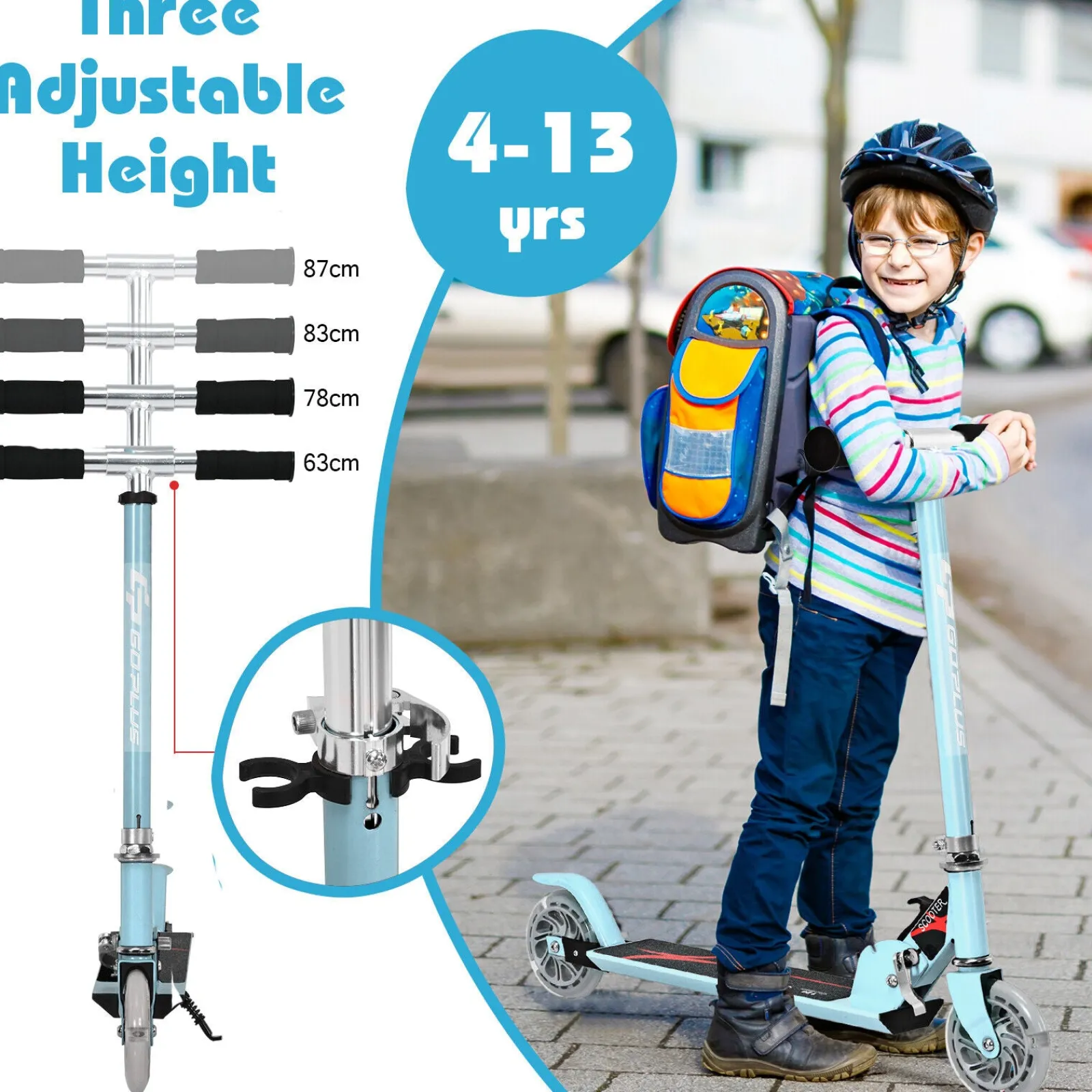 Kinder Little Helper Höhenverstellbarer Klappbarer Stunt-Scooter | Verstellbare Schleppstange | Stoßstoß | 2 Räder Zum Leuchten Bringen | Blau | 4-13 Jahre