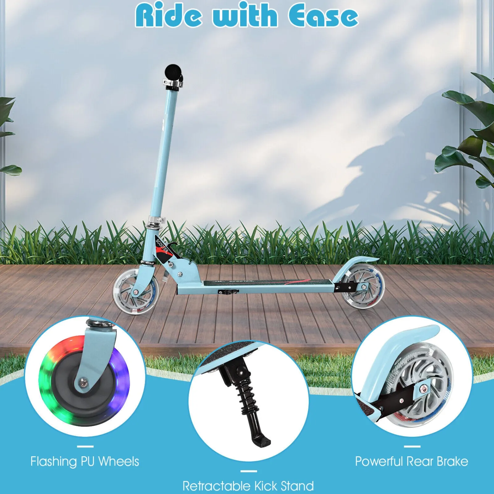 Kinder Little Helper Höhenverstellbarer Klappbarer Stunt-Scooter | Verstellbare Schleppstange | Stoßstoß | 2 Räder Zum Leuchten Bringen | Blau | 4-13 Jahre
