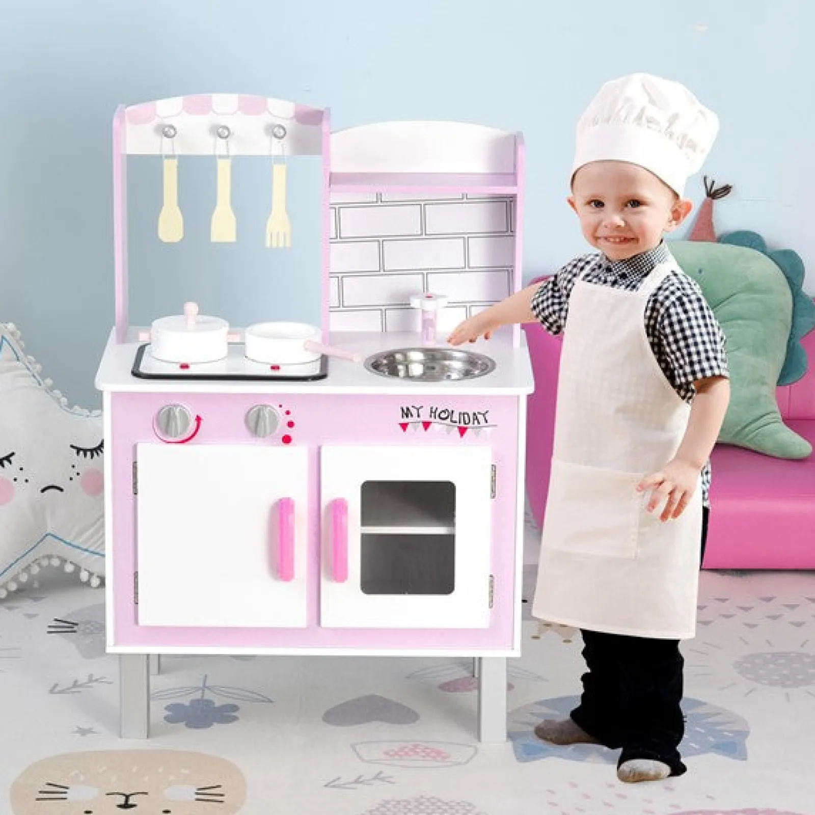 Little Helper Holzspielzeugküche im Montessori-Stil für Kinder mit realistischen Geräuschen und Zubehör | Bonbonrosa und Weiß